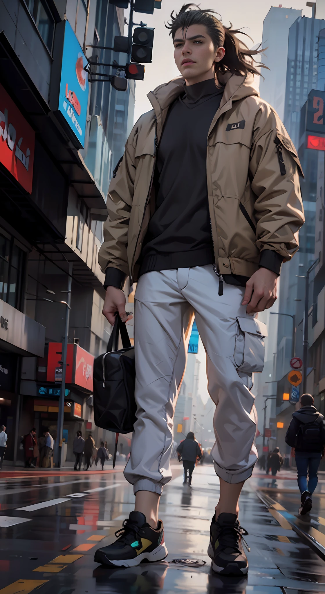 Full body, standing tall, pale lips colour, arafed man in brown jacket and white pants standing on street corner, ankle cargo pants. cyberpunk city, standing tall, thin body, in a city street, Mullet Haircut, wearing urban techwear, realistic depiction, standing in a city center, an ultra realistic, promo image, techwear look and clothes, in city street, hyper-realistic, hyper - realistic, wojtek fus, hyper realistic style, black laced-shoes