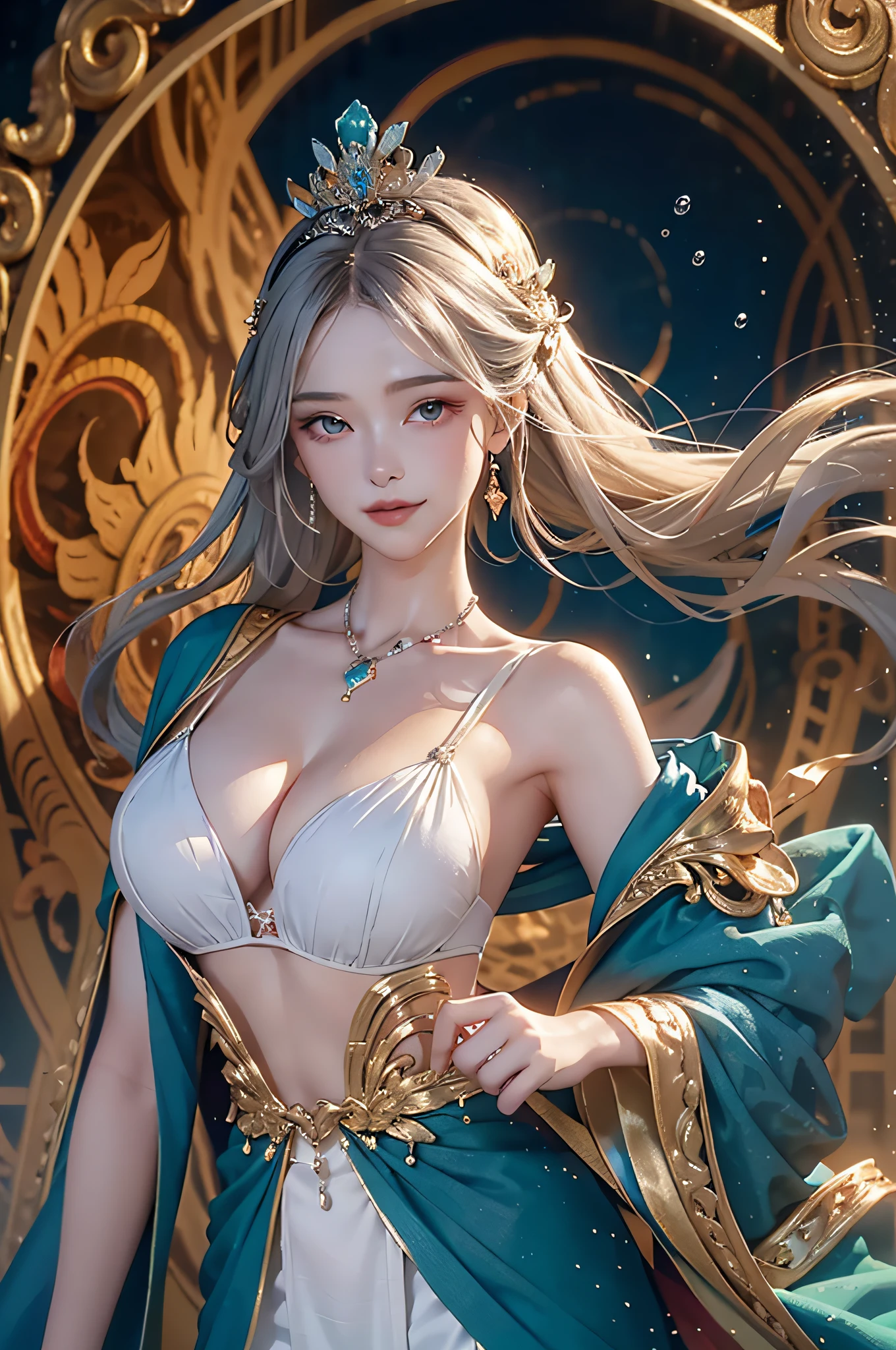 Realistic, (巨作, Top quality, Best quality, offcial art, Beautiful and aesthetic:1.2), ighly detailed,s fractal art,rich colour,Most detailed,dynamic angle,(Underwater Dragon Palace Kingdom,The surface of the water is rippling,water bubbles)1girl huge large breasts,A princess,with silver hair,eyes with brightness,happy tears, upturned eyes, pupils sparkling,seductive smile,(Ultra-precise palm,Detailed hand details)hime-cut,Hair combed back,Gorgeous princess tiara,Gorgeous blue-blue and white robes,Open cloth,body complet,Sexy cleavage,fromabove