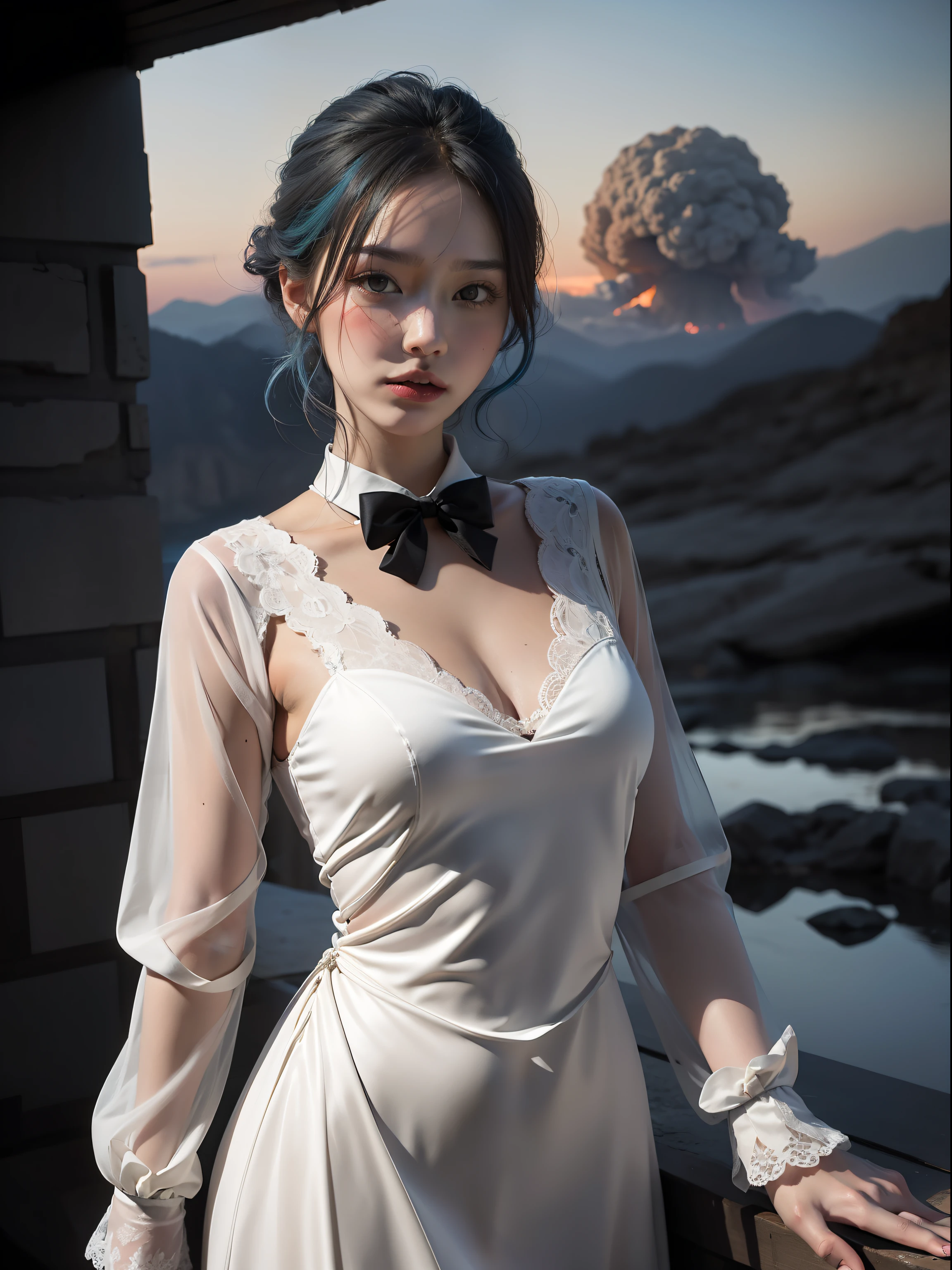 masterpiece, exquisite, illustration, {beautiful and meticulous girl}, beautiful and detailed halo, (fire of war: 1.2), (nuclear explosion behind: 1.3), rain, detailed lighting, detail water, (beautiful and detailed eyes: 1.1), expressionless, palace, sky blue hair, scattered hair, long bangs, eyebrows, (white-gray dress: 1.1), black ribbon, white bow tie, upper abdomen, big forehead, dull, flower, long sleeves
