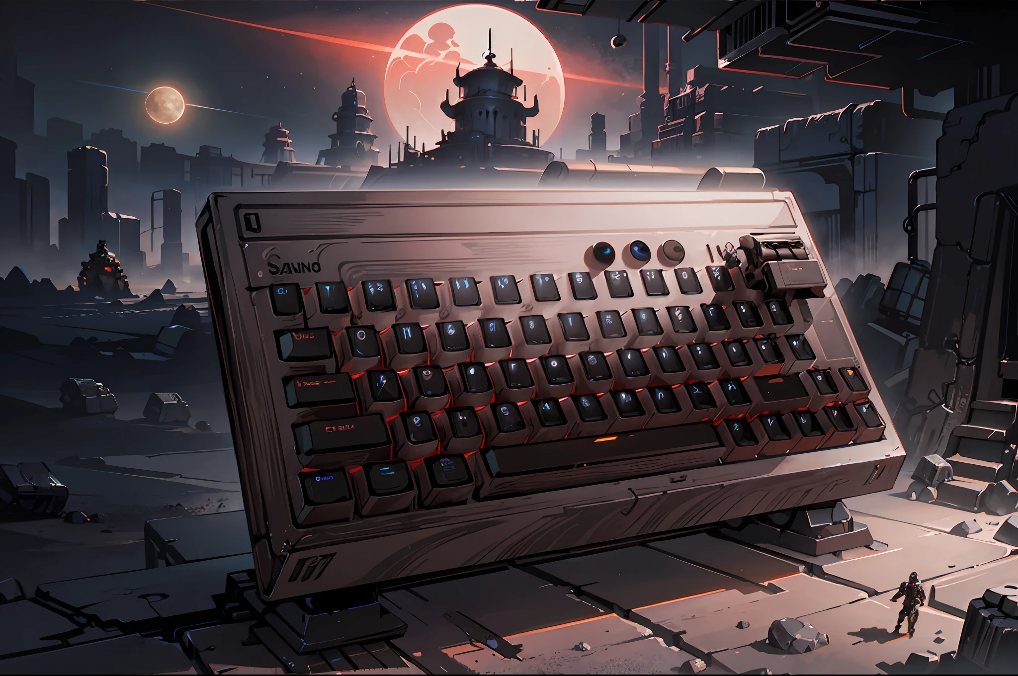 A mechanical keyboard、Futuristic dark landscape,Moons of Saturn,Futuristic temple design,Pilgrim,Cyborg Man,Extraterrestrial biodiversity,Epic matte painting,concept-art,Ashley wood style --s
