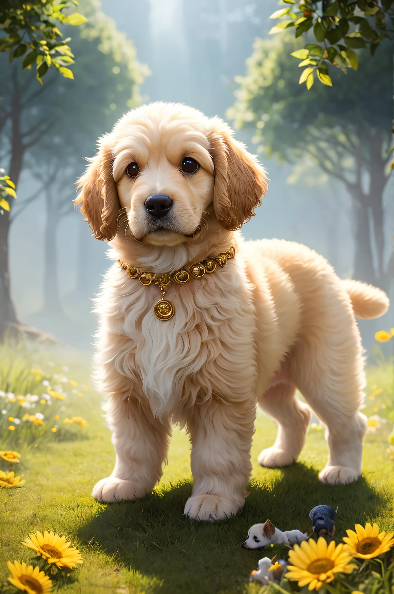 Very cute cavoodlepup illustration, 8k resolution, high resolution, super detailed, with a clear focus on the very detailed character design of the ultra high definition golden plush poodle. The use of rim lights, soft lights and sun flares should add depth and mood to the image. A fluffy, misty light gold floral background with a subtle mist effect is ideal, adding a touch of mystery to the illustration. Vibrant Color should be used to bring the puppy to life, emphasizing the puppy's fluff and character.