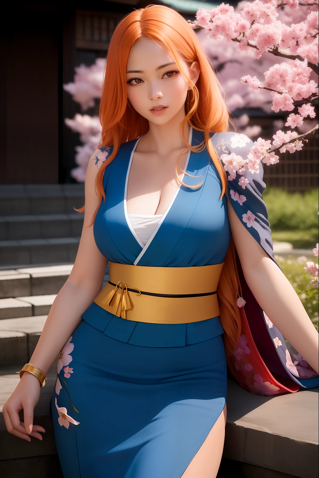 masterpiece, (photorealistic:1.5), best quality, beautiful lighting, real life,
nami \(one piece\),
1girl, architecture, cherry blossoms, east asian architecture, falling petals, gold, japanese clothes, kimono, log pose, long hair, looking at viewer, open mouth, orange hair, petals, shoulder tattoo, solo, tattoo, teeth, upper teeth only
, intricate, high detail, sharp focus, dramatic, beautiful girl , (RAW photo, 8k uhd, film grain), caustics, subsurface scattering, reflections
