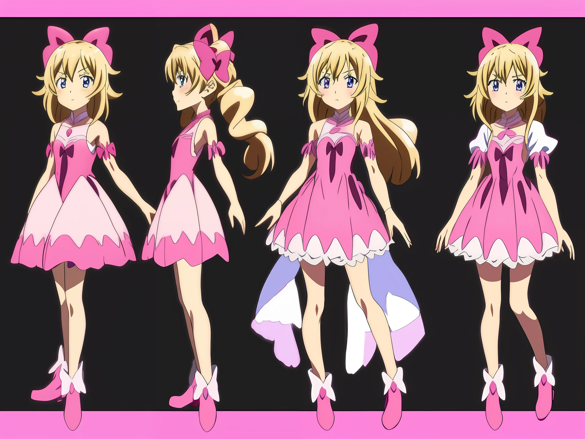An anime character of a girl in a pink dress,Wearing a bow, pretty anime character design, cute anime waifu in a nice dress, Anime character design, little curve loli, Anime moe art style, anime visual of a cute girl, anime full body illustration, anime character reference sheet, Shoujo manga character design, Full body character design, small loli girl