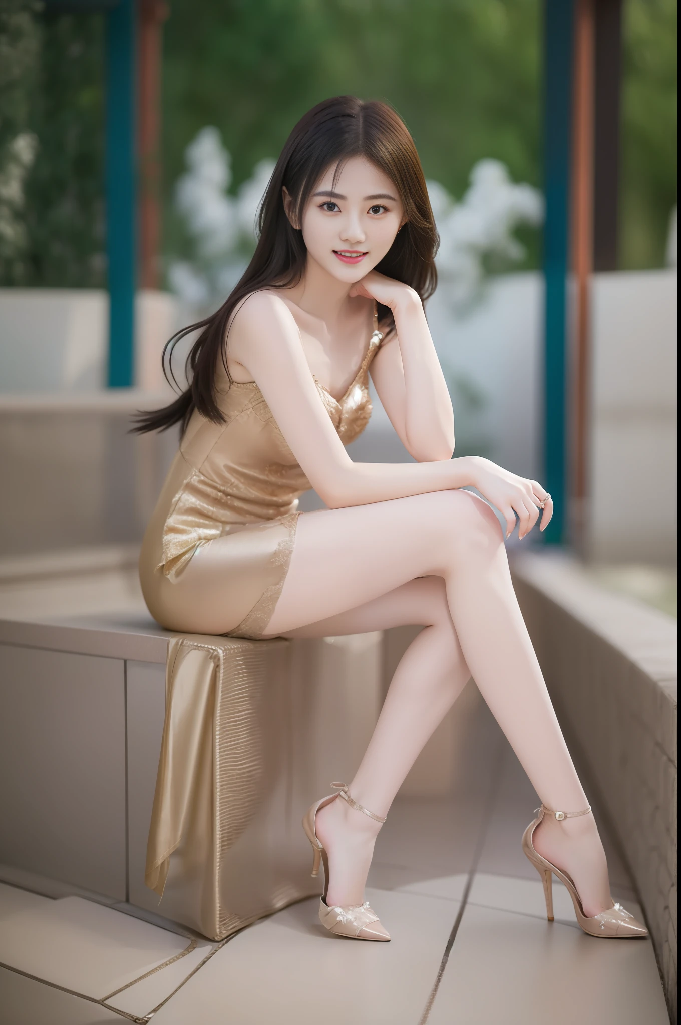 Modern women,Full body photo,Long legs,high heels,Legs slightly bent,Smiling,Gentle eyes,soft light rays,Graceful poise。
