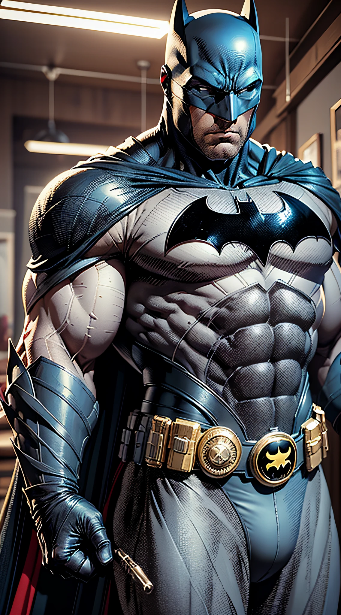 1 man, solo, Ben Affleck as Batman, tall, hunk, muscular, bulk, wide shoulder, photorealism, dark dirty grey suit, dark grey arms, ((no mask)), ((mask off)), black hair, black gloves, best quality, masterpiece, high resolution:1.2, black cape, high detailed suit, high detailed face, award winning, night time, a dark cave in the background, indoors