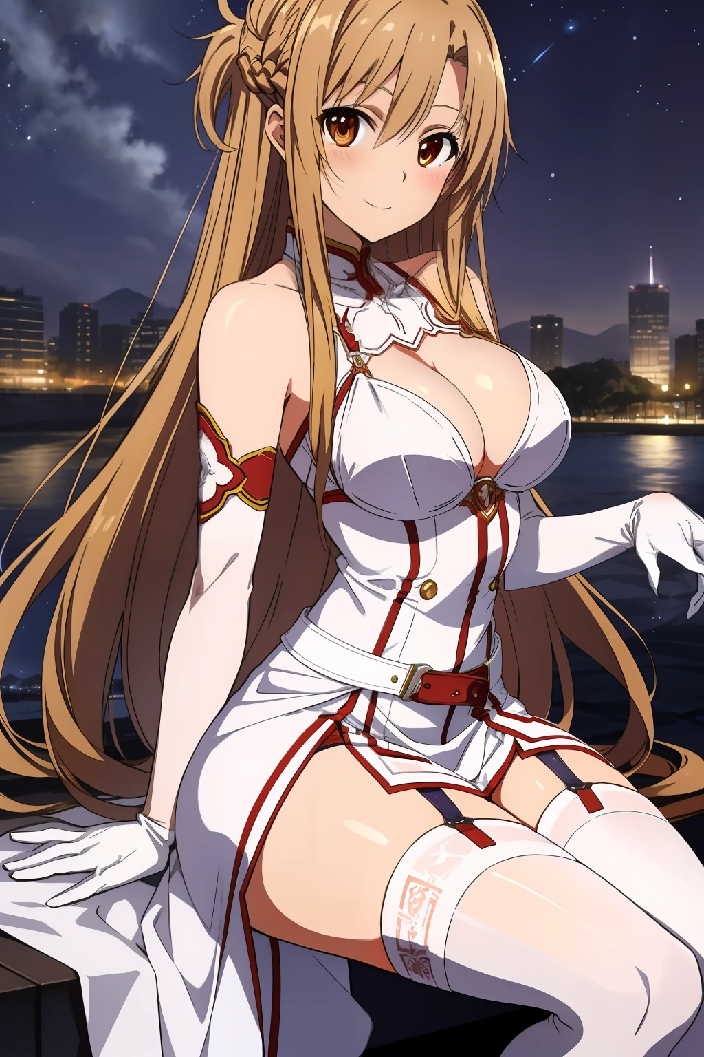 Yuuki Asuna, anime style beautiful woman, best quality, perfectanatomy, ultra detailed, 1girl, solo, large breasts, curvy body, good hands, good legs, good knees, night sky, stars, long hair, breasts, looking at viewer, happy, bangs, brown hair, thighhighs, gloves, dress, cleavage, bare shoulders, brown eyes, very long hair, crossing legs, white gloves, white dress, armor, white thighhighs, garter straps, white armor,