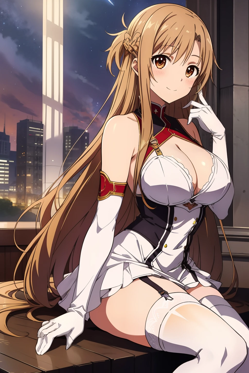 Yuuki Asuna, anime style beautiful woman, best quality, perfectanatomy, ultra detailed, 1girl, solo, large breasts, curvy body, good hands, good legs, good knees, night sky, stars, long hair, breasts, looking at viewer, happy, bangs, brown hair, thighhighs, gloves, dress, cleavage, bare shoulders, brown eyes, very long hair, crossing legs, white gloves, white dress, armor, white thighhighs, garter straps, white armor,