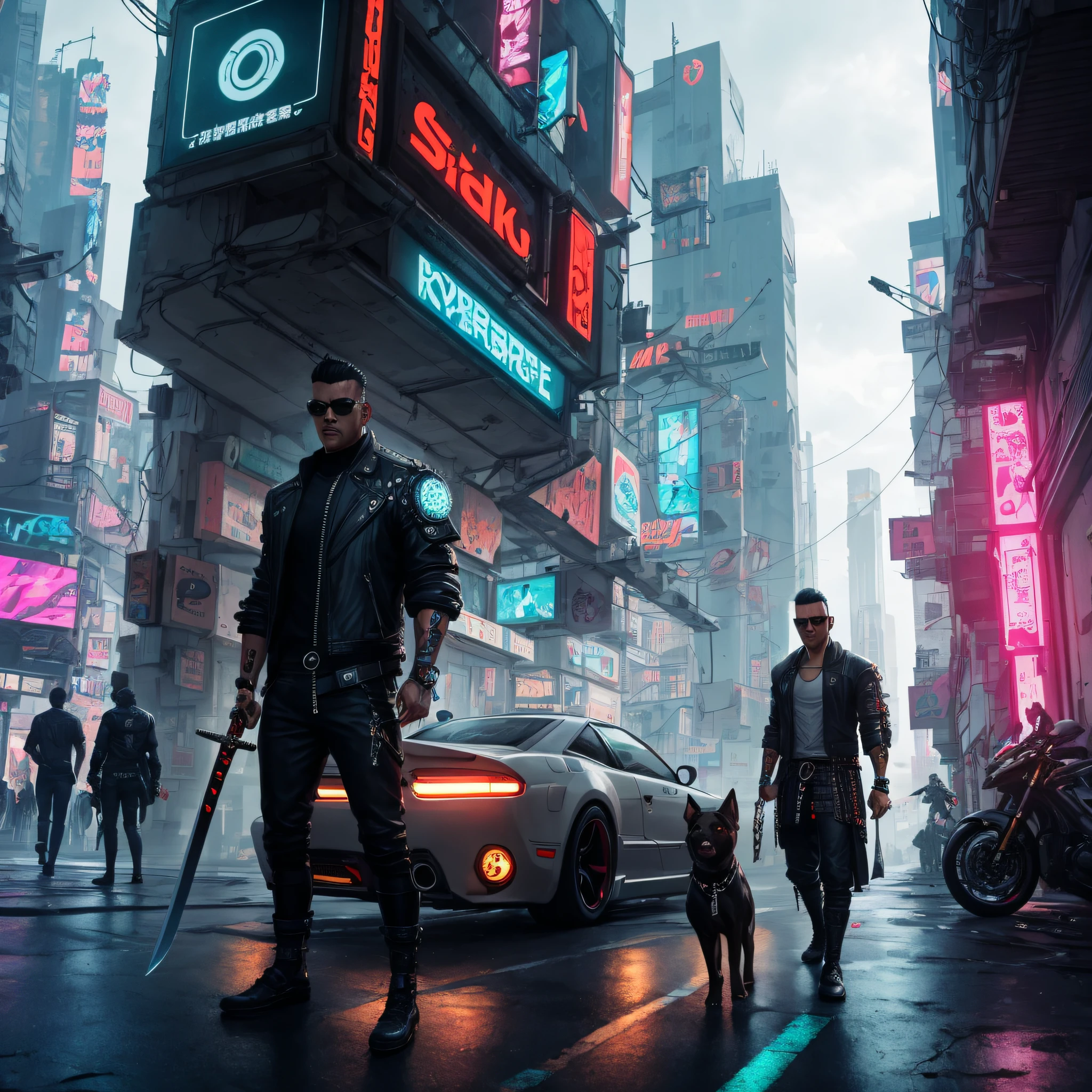 arafed dog in a leather outfit with a sword in a city, cyberpunk samurai, urban samurai, portrait of a cyberpunk samurai, very beautiful cyberpunk samurai, badass anime, 8k,street samurai, wojtek fus, cyberpunk street goon, in cyberpunk style, hyper-realistic cyberpunk style, cyberpunk art style, has cyberpunk style, in style of beeple, in cyberpunk LAB --auto