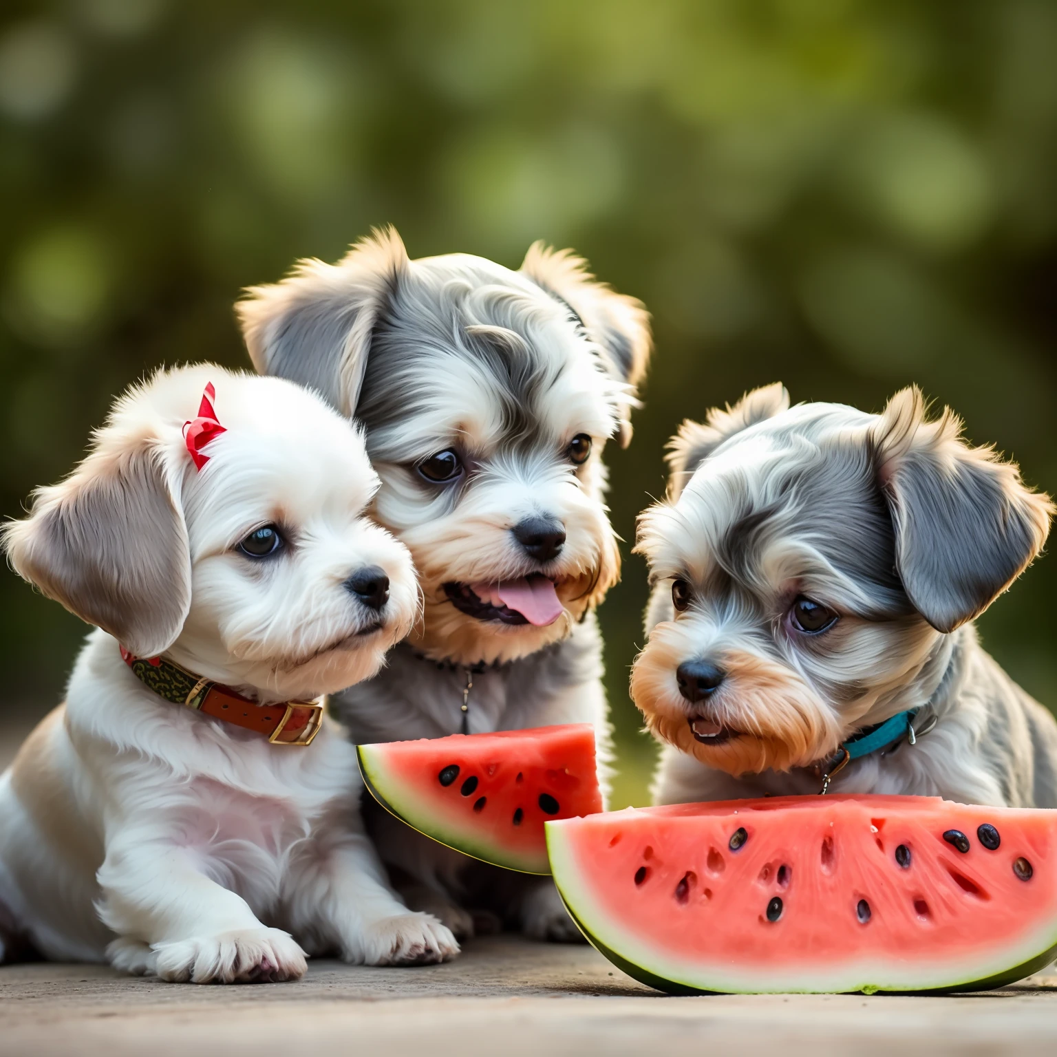 three small dogs are sitting next to a slice of watermelon, Puppies, author：Kazimierz Vojniakovsky, water melon, author：Igor Grappa, Cute boys, material is!!! water melon!!!, award - winning pet photography, author：Tadeusz Pruszkówski, shutterstock, author：Zlatyu Boyadzhiev