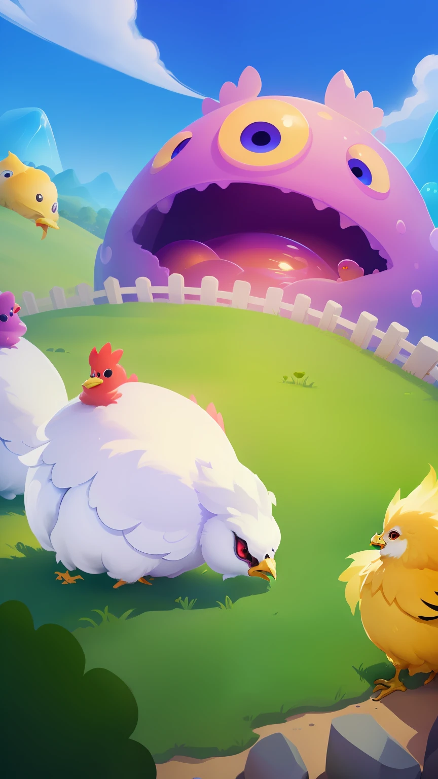 Cartoon illustration of a group of chickens in the field, blobs, jellymeat, slimes, Mobile game art, blobs, official screenshot, Game illustration, pc screenshot, radiant slime trail, Game art, Mobile game background, merging, gameplay still, doomy, background artwork, Stylized game art, drooling goo, Stylized art, negao，Alien invasion，Catch chicks，Look up at the monsters，Jelly-like monsters