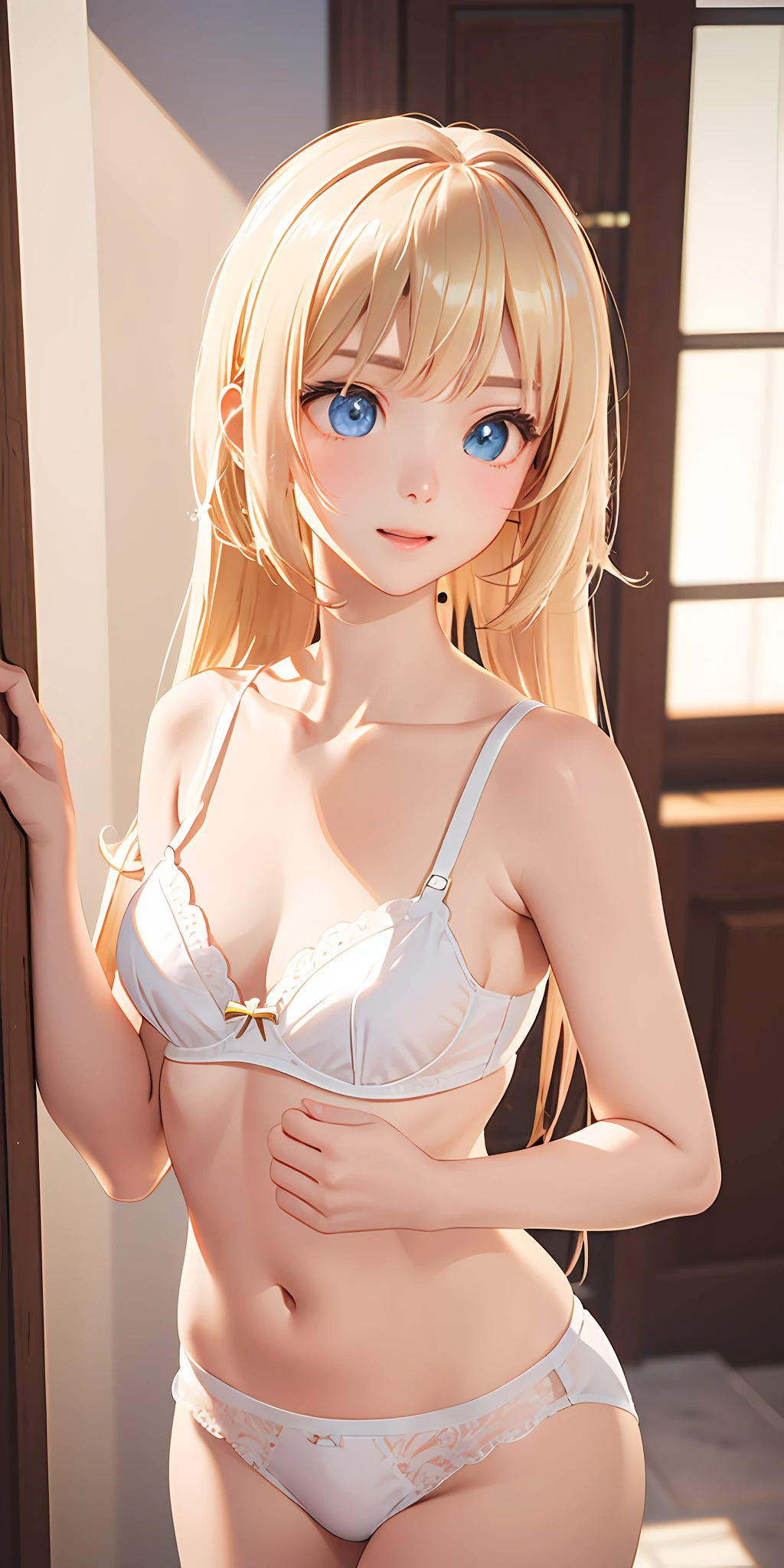 (Real: 1.4), (Masterpiece, Sidelights, Fine Beautiful Eyes: 1.2), Masterpiece*Portrait、、、、, Realistic, 3D Face, Glistening Eyes, Glossy Hair, Skin Falling Out, Solo、、、、, Embarrassing, (Epigastric), White Underwear, Blonde Hair, (Princess)