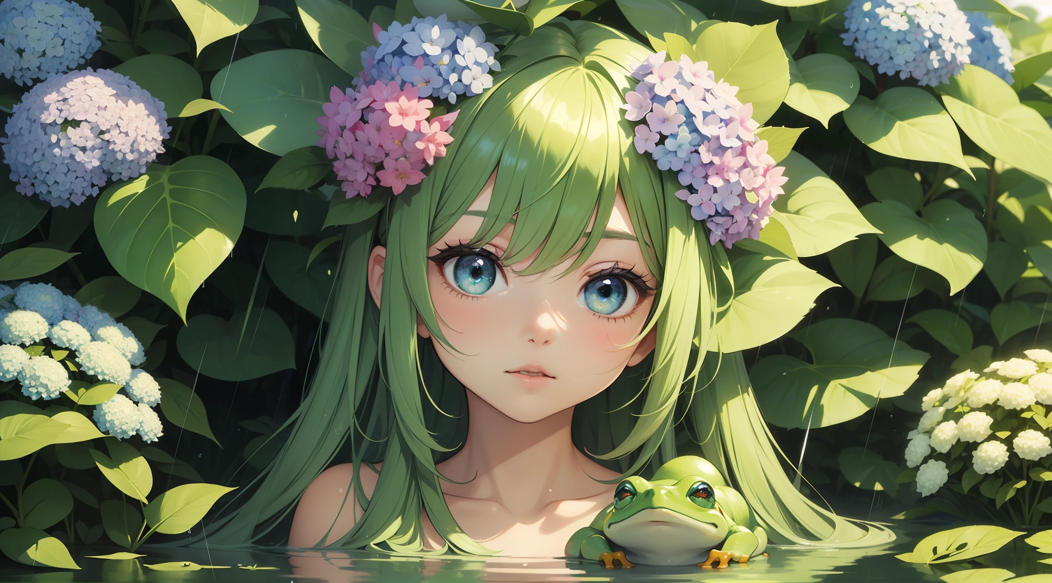(((Masterpiece))), ((1girl, cute)), best quality, ultra-detailed, stunning style, big expressive eyes, thick and bold outlines, adorable frog companion, lush greenery, soft falling rain, vibrant hydrangea blooms, a whimsical and enchanting scene.