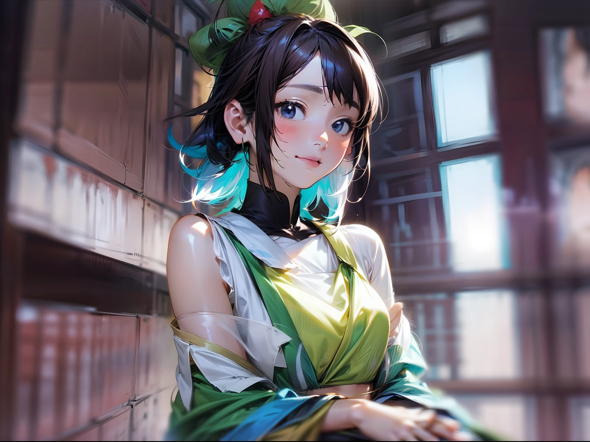 (巨作)、the detail、12K、in 8K、((Full-body photo from head to toe))、(((Studio Ghibli Taste Girls)))、Girl in tight white base dress、short dark hair、Hair is tied up、Colorful inner hair、Realistic and sharp details、portrait shooting、Super Intricate Details、Ultra-fine details、Stay outside、「How you guys live」on the theme of、