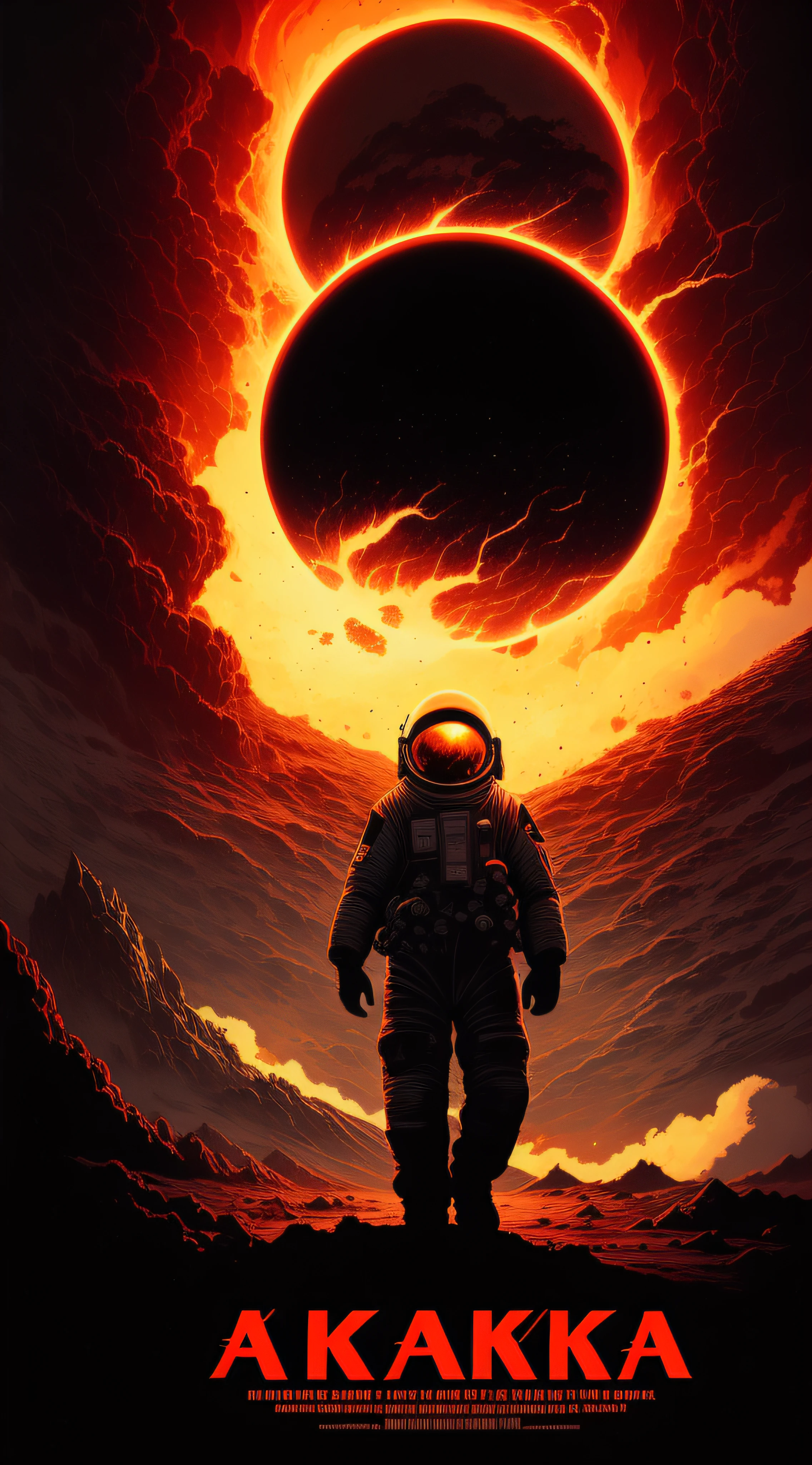 Epic fantasy concept，a poster for the movie，There was a man in a spacesuit, Volcanic eruptions with lightning in the sky，On Mars，Huge planet in the sky，the explosion from akira，akira art style，American vector illustration, akira japanese art, nuclear explosions paint sky, Nuclear explosion!!!, cosmic horror illustration，Black and red bicolor，highcontrast，Strong chiaroscuro，Great and small