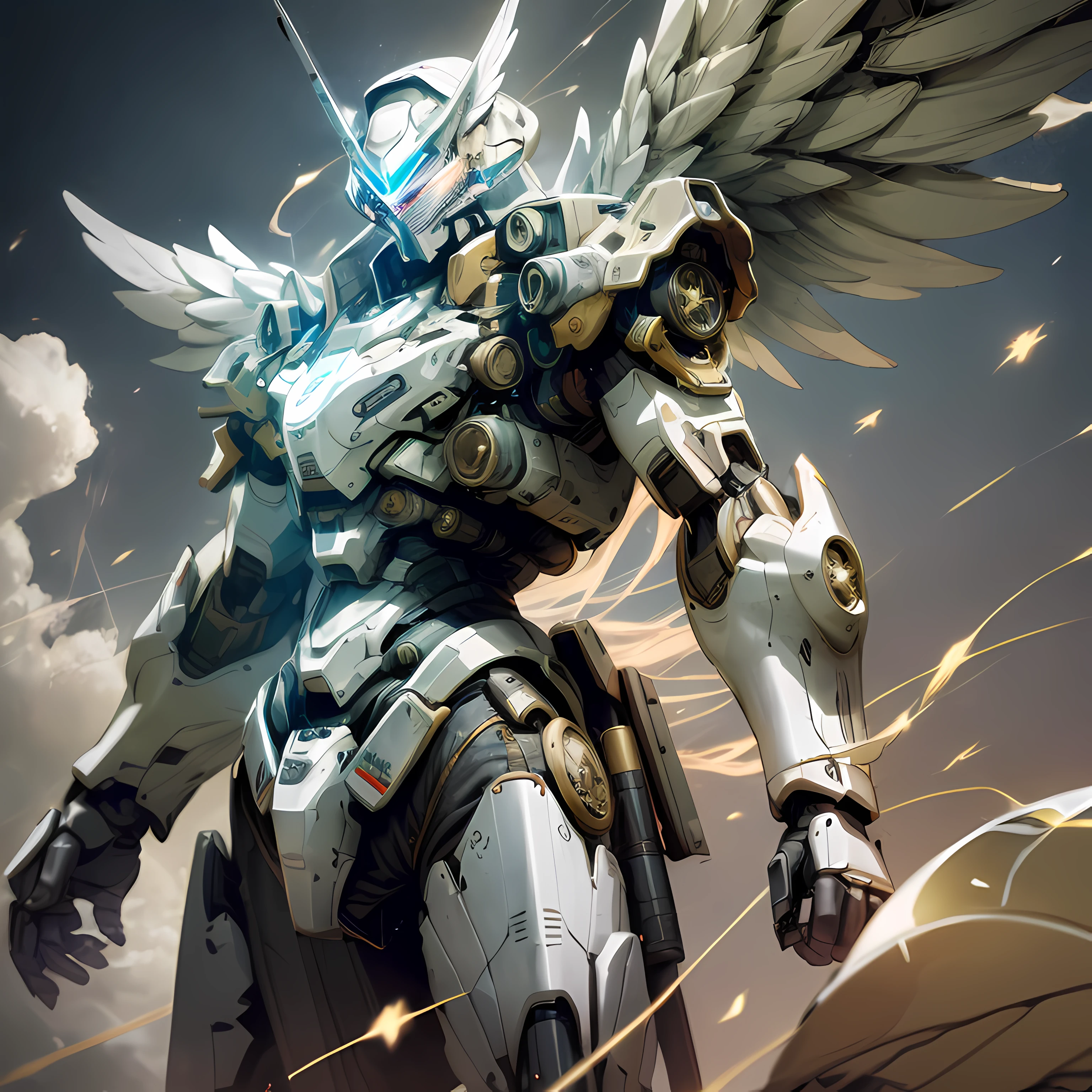 mech wings,body complet,ambiance,angelic halo,holding lightsaber