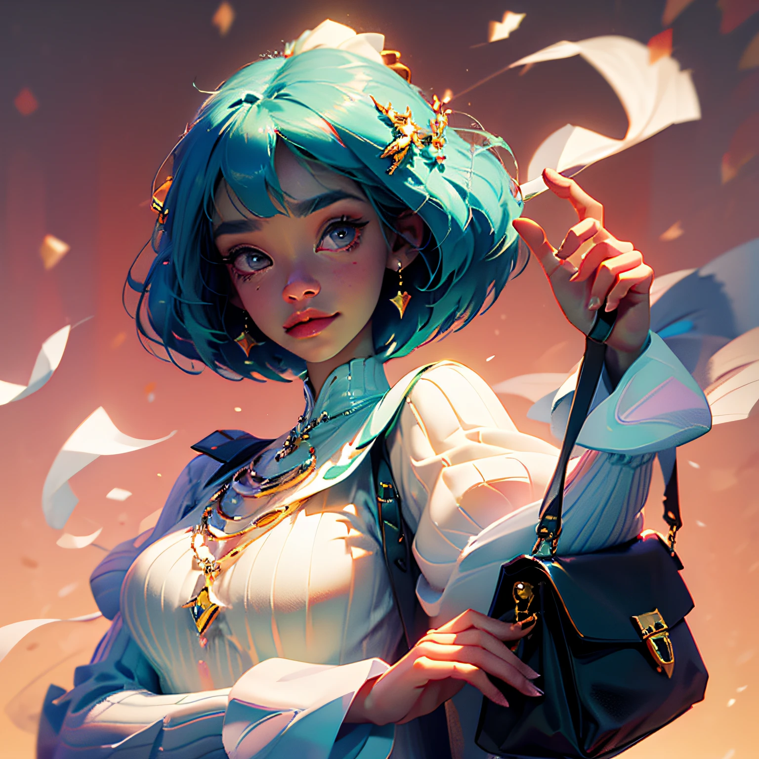Girl Huge breasts,Short Hair Hair,By bangs,Shoulder bag,solidbackground,smil,body complet --auto