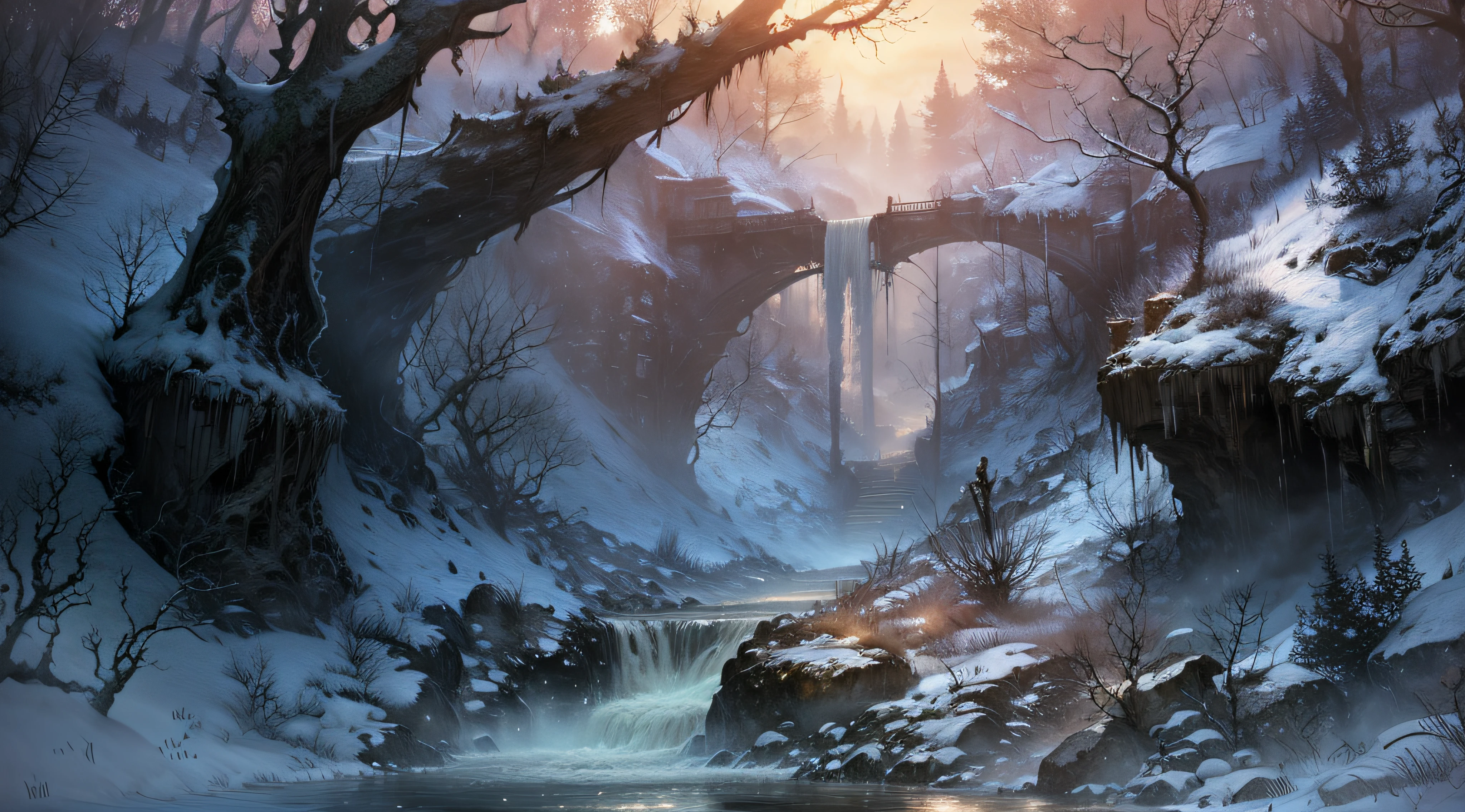 (A magical forest with a stream and high waterfalls.:1.1), motor irreal, cinematiclighting, arte conceitual, chiaroscuro, profundidade de campo, UHD, ((super detalhe, alta qualidade, melhor qualidade, preciso, 16k)),1772Pixel-1280Pixel, natural scenery, fora, HDR, ornamentado, alto detalhe, detalhes intrincados, hiperdetalhado:1.15, fundo detalhado, Water and paint, (estilo de (Greg Rutkowski:1.0) e (Darek Zabrocki:0.8) e (Andreas Rocha:0.8):1.2), rochas gigantescas, sky with clouds, lua, sol, planetas,