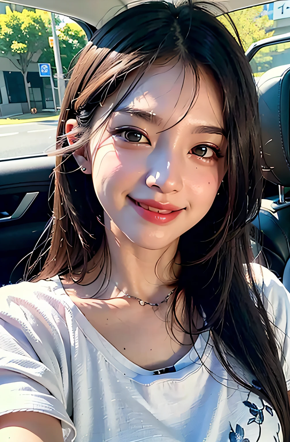 best of quality、巨作、photoRealstic、intricate-detail、Raw foto、Photon Rendering、Octane Rendering、absurderes、ultra hyper-detailed、detailed faces、Detailed skin、trend on artstation、in 8K、巨作、lighting like a movie、( (1girl in))、((独奏) ))、((Behold))、CG Social Trends、Plastic En、((Black Long Hair))、((a  beautiful female))、(a smile)、Dark blue clothes、(White Skin Skin)、Fashionable、A sexy、hair flowing in wind、((Flowing hair))、Happy、fashion magazine、((lighting like a movie))、inside of a car、body complet、Innocent eyes、blusher、Open lips、Upper teeth、(Smiling eyes:0.6)、 ((Grinning:1.2))、depth of ﬁeld,、tshirts、