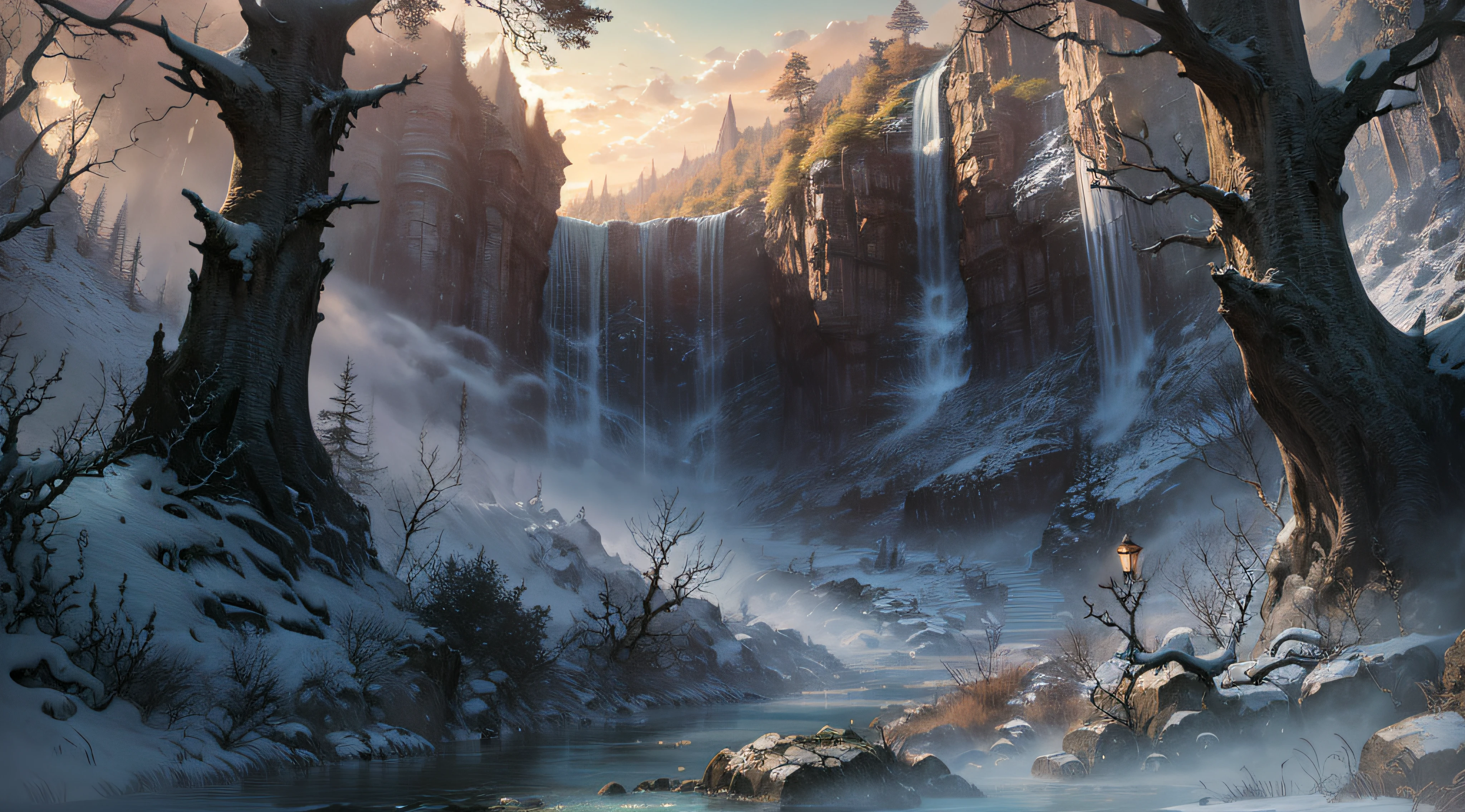 (A magical forest with a stream and high waterfalls.:1.1), motor irreal, cinematiclighting, arte conceitual, chiaroscuro, profundidade de campo, UHD, ((super detalhe, alta qualidade, melhor qualidade, preciso, 16k)),1772Pixel-1280Pixel, natural scenery, fora, HDR, ornamentado, alto detalhe, detalhes intrincados, hiperdetalhado:1.15, fundo detalhado, Water and paint, (estilo de (Greg Rutkowski:1.0) e (Darek Zabrocki:0.8) e (Andreas Rocha:0.8):1.2), rochas gigantescas, sky with clouds, lua, sol, planetas,