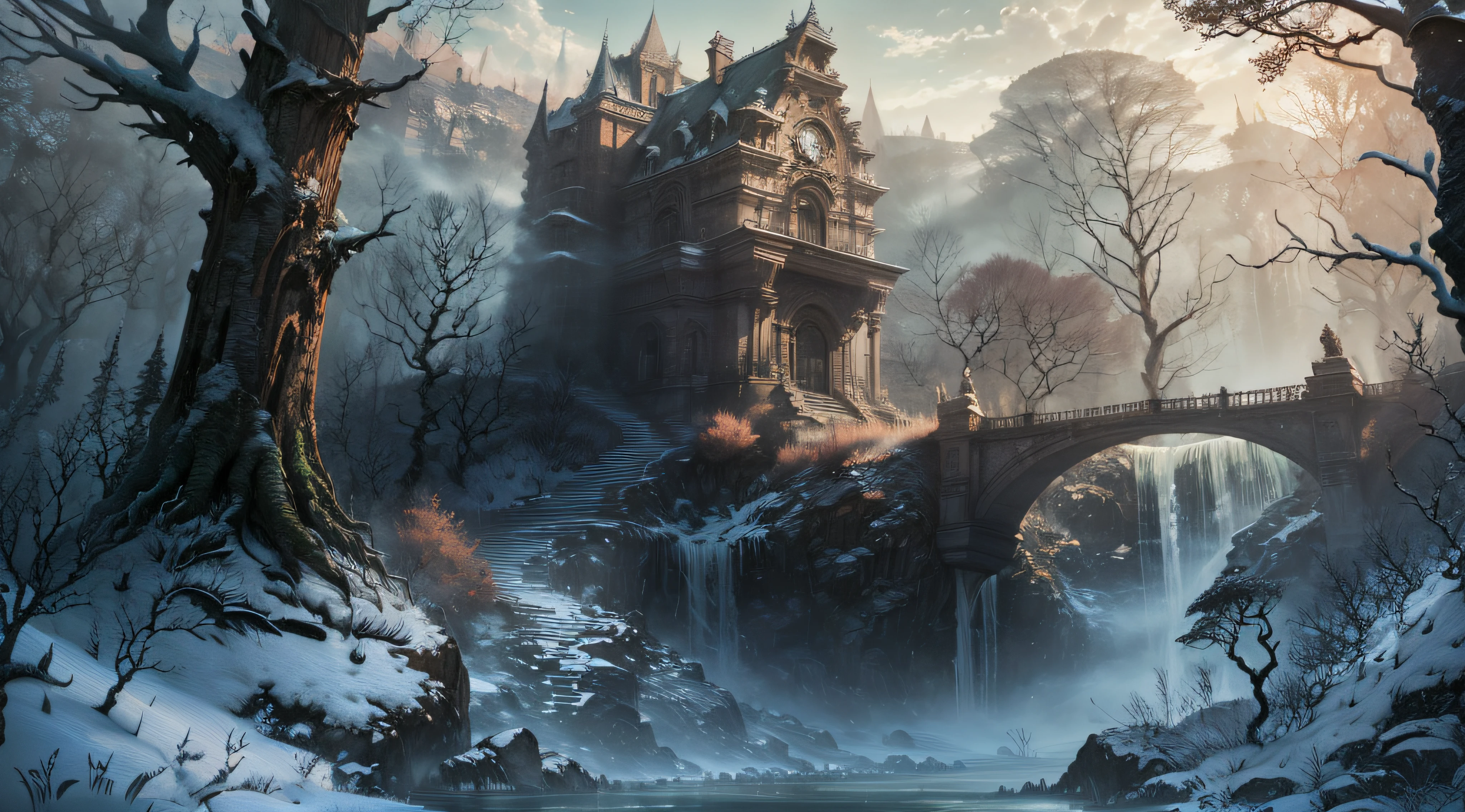 (A magical forest with a stream and high waterfalls.:1.1), motor irreal, cinematiclighting, arte conceitual, chiaroscuro, profundidade de campo, UHD, ((super detalhe, alta qualidade, melhor qualidade, preciso, 16k)),1772Pixel-1280Pixel, natural scenery, fora, HDR, ornamentado, alto detalhe, detalhes intrincados, hiperdetalhado:1.15, fundo detalhado, Water and paint, (estilo de (Greg Rutkowski:1.0) e (Darek Zabrocki:0.8) e (Andreas Rocha:0.8):1.2), rochas gigantescas, sky with clouds, lua, sol, planetas,