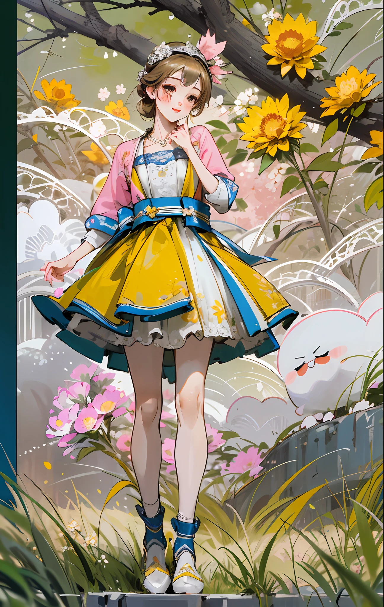 Best quality, masterpiece, high quality, 1 girl, blush, (seductive smile: 0.8), love pupils, white top, lace edge, bow on chest, long blue skirt, lace on skirt, with ornaments, pink headband, long ribbon, necklace, beautiful face, standing on the path, both sides full of flowers, yellow chrysanthemum, red flower, green grass, spring, white cloud, full body, photographic effect, realistic, edge lighting, two-tone lighting, (high detail skin: 1.2), 8k ultra HD, SLR, soft lighting, high quality, volumetric lighting, capture, photo, high resolution, 4k, 8k, bokeh