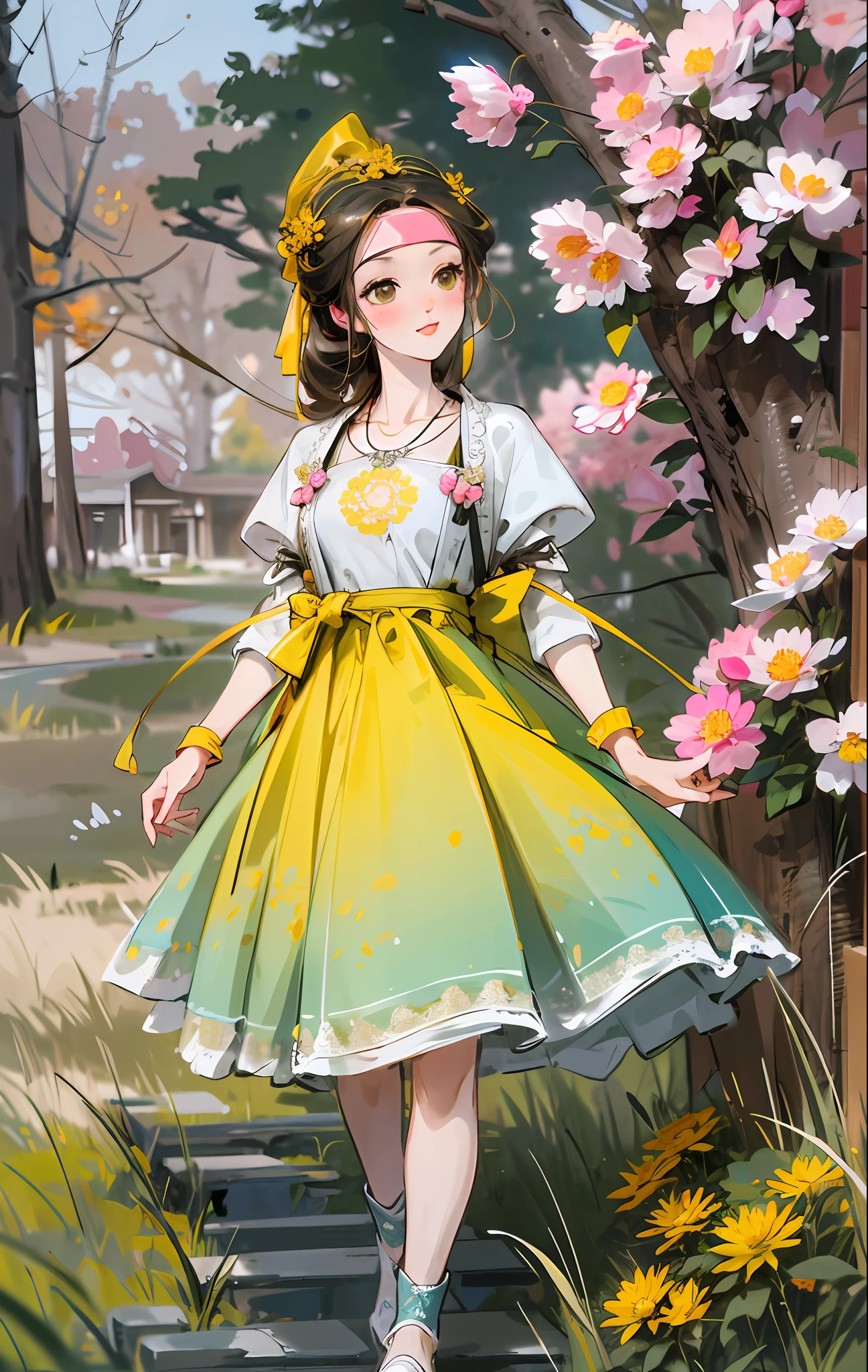 Best quality, masterpiece, high quality, 1 girl, blush, (seductive smile: 0.8), love pupils, white top, lace edge, bow on chest, long blue skirt, lace on skirt, with ornaments, pink headband, long ribbon, necklace, beautiful face, standing on the path, both sides full of flowers, yellow chrysanthemum, red flower, green grass, spring, white cloud, full body, photographic effect, realistic, edge lighting, two-tone lighting, (high detail skin: 1.2), 8k ultra HD, SLR, soft lighting, high quality, volumetric lighting, capture, photo, high resolution, 4k, 8k, bokeh