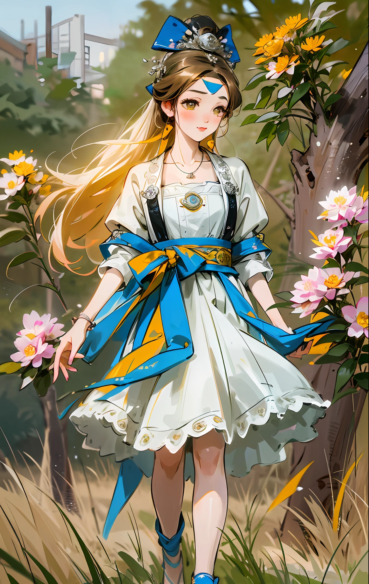 Best quality, masterpiece, high quality, 1 girl, blush, (seductive smile: 0.8), love pupils, white top, lace edge, bow on chest, long blue skirt, lace on skirt, with ornaments, pink headband, long ribbon, necklace, beautiful face, standing on the path, both sides full of flowers, yellow chrysanthemum, red flower, green grass, spring, white cloud, full body, photographic effect, realistic, edge lighting, two-tone lighting, (high detail skin: 1.2), 8k ultra HD, SLR, soft lighting, high quality, volumetric lighting, capture, photo, high resolution, 4k, 8k, bokeh