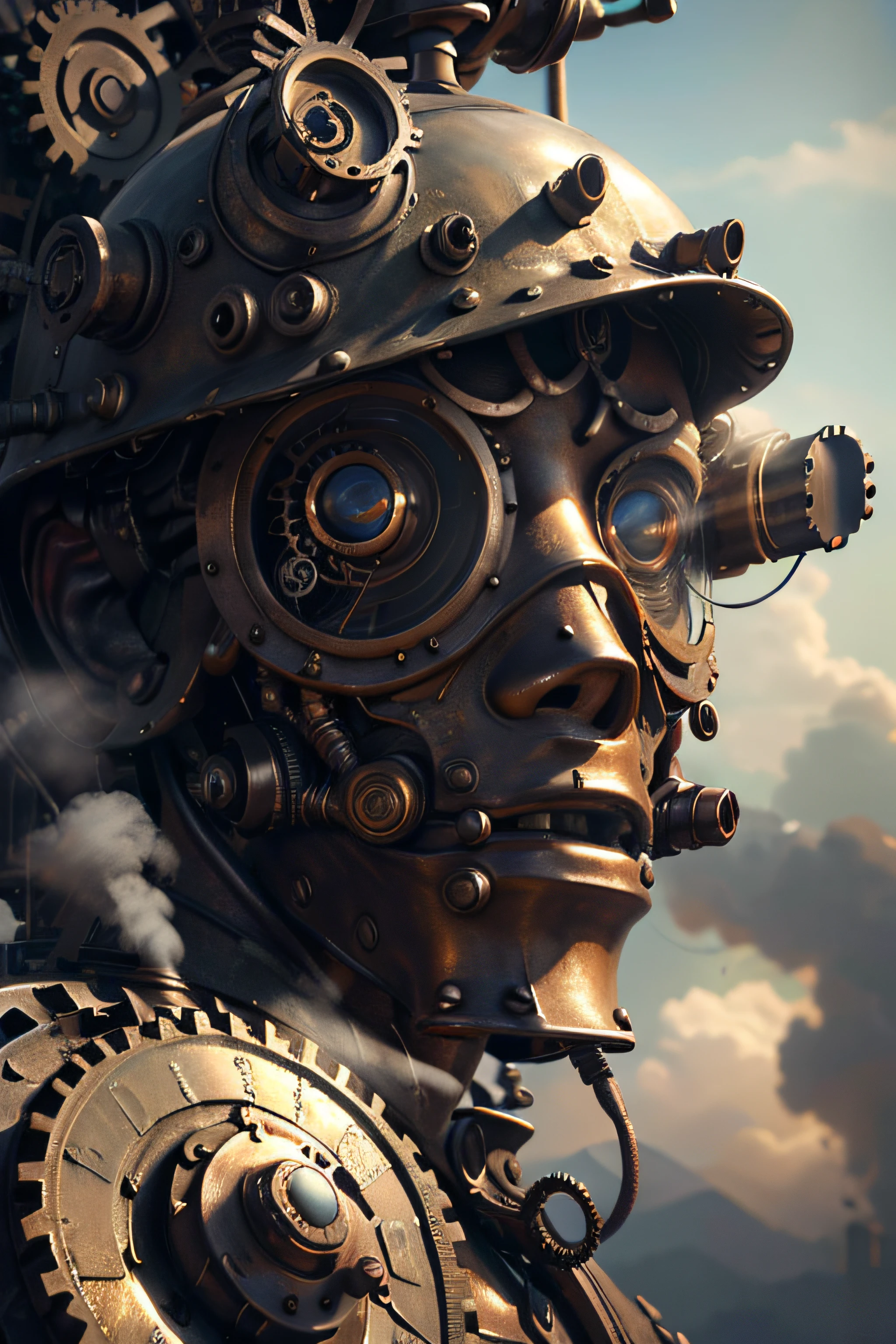 Masterpiece,melhor qualidade,fotorrealista,melhor sombra,delicado,..RAW,ultra high-resolution,Arte hiper-realista,gallery-grade work,Arte Oficial,wallpaper forced,64 mil,,ultra precision,visualmente impressionante,Obra-prima sublime,peak clarity,1 enorme cidade Steampunk,High-rise buildings covered by behemoth-like mechanical devices,show a scene of sharp contrast,Uma camada de nuvens subindo desordenadamente sobre a cidade,Huge steampunk buildings,The surface is covered with complex gears and mechanical devices,(vision,full view,corpo inteiro:1.2),(Nas paredes da cidade Steampunk,1 soldiers in strong mechanical armor.,Handheld Steam Gun,Guard the safety of the city:1.2),Steampunk,dirigible,Steam robot,