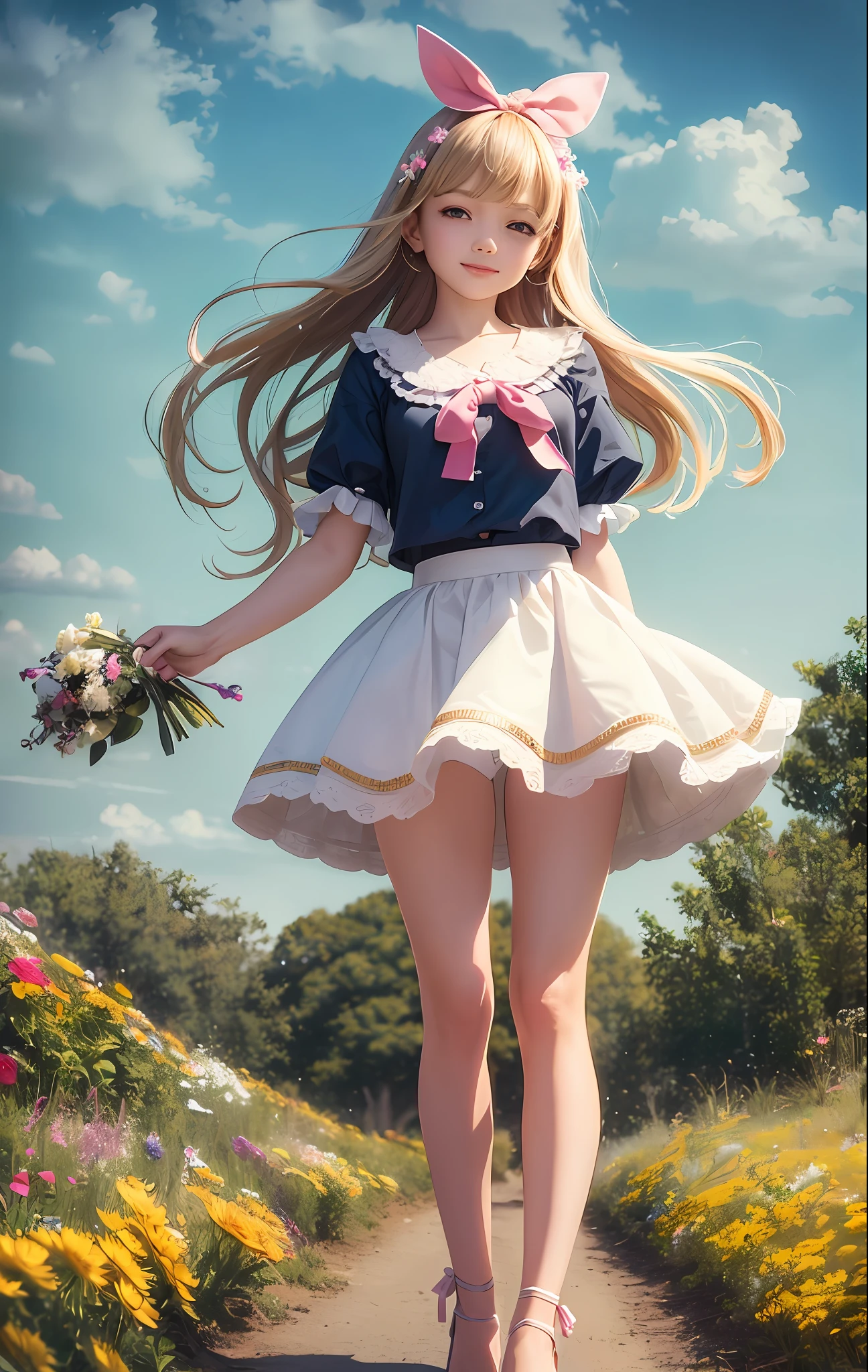 Best quality, masterpiece, high quality, 1 girl, blush, (seductive smile: 0.8), love pupils, white blouse, lace trim, bow on chest, long blue skirt, lace on skirt, with ornaments, pink headband, long ribbon, necklace, beautiful face, standing on the path, both sides full of flowers, yellow chrysanthemums, red flowers, green grass, spring, white clouds, full body, intense light and shadow, photographic effects, realistic, , edge lighting, two-tone lighting, (high detail skin: 1.2), 8K Ultra HD, DSLR, Soft Lighting, High Quality, Volumetric Lighting, Capture, Photo, High Resolution, 4K, 8K,