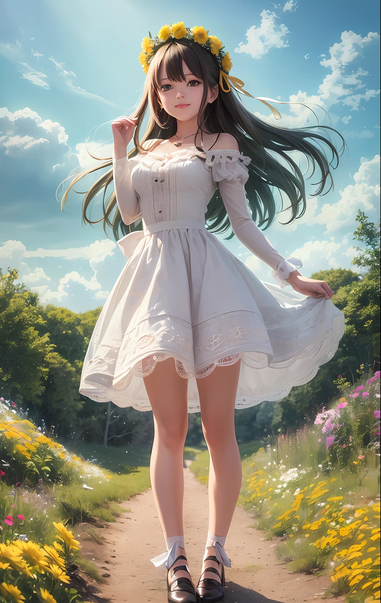 Best quality, masterpiece, high quality, 1 girl, blush, (seductive smile: 0.8), love pupils, white blouse, lace trim, bow on chest, long blue skirt, lace on skirt, with ornaments, pink headband, long ribbon, necklace, beautiful face, standing on the path, both sides full of flowers, yellow s, red flowers, green grass, spring, white clouds, full body, intense light and shadow, photographic effects, realistic, , edge lighting, two-tone lighting, (high detail skin: 1.2), 8K Ultra HD, DSLR, Soft Lighting, High Quality, Volumetric Lighting, Capture, Photo, High Resolution, 4K, 8K,