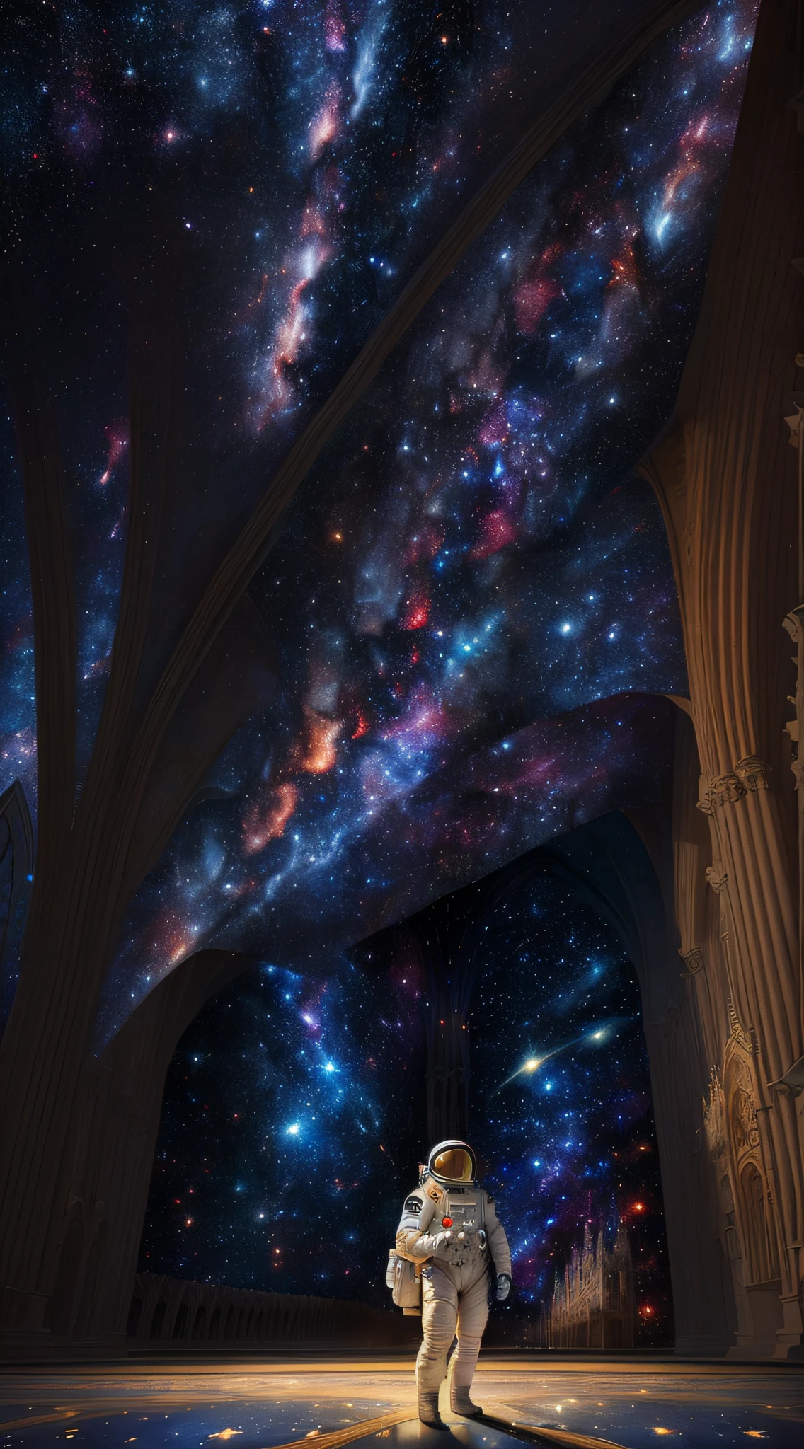 ((masterpiece)), ((best quality)), 8k, high detailed, ultra-detailed, 
An astronaut standing in the center of a grand cathedral, gazing up at the mural on the ceiling. 
astronaut,((upright posture),(curious expression),(space suit)), grand cathedral, mural,((intricate details),(vivid colors)), ceiling,((cosmic scenes),(stars and galaxies)),