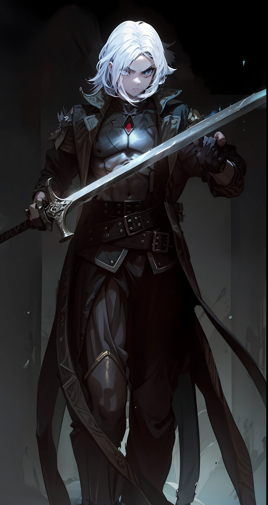 menino, pele morena, holding a sword with both hands, orelhas pontudas,4k, olhos amarelos, Armadura preta,pelo de animal negro nos ombros