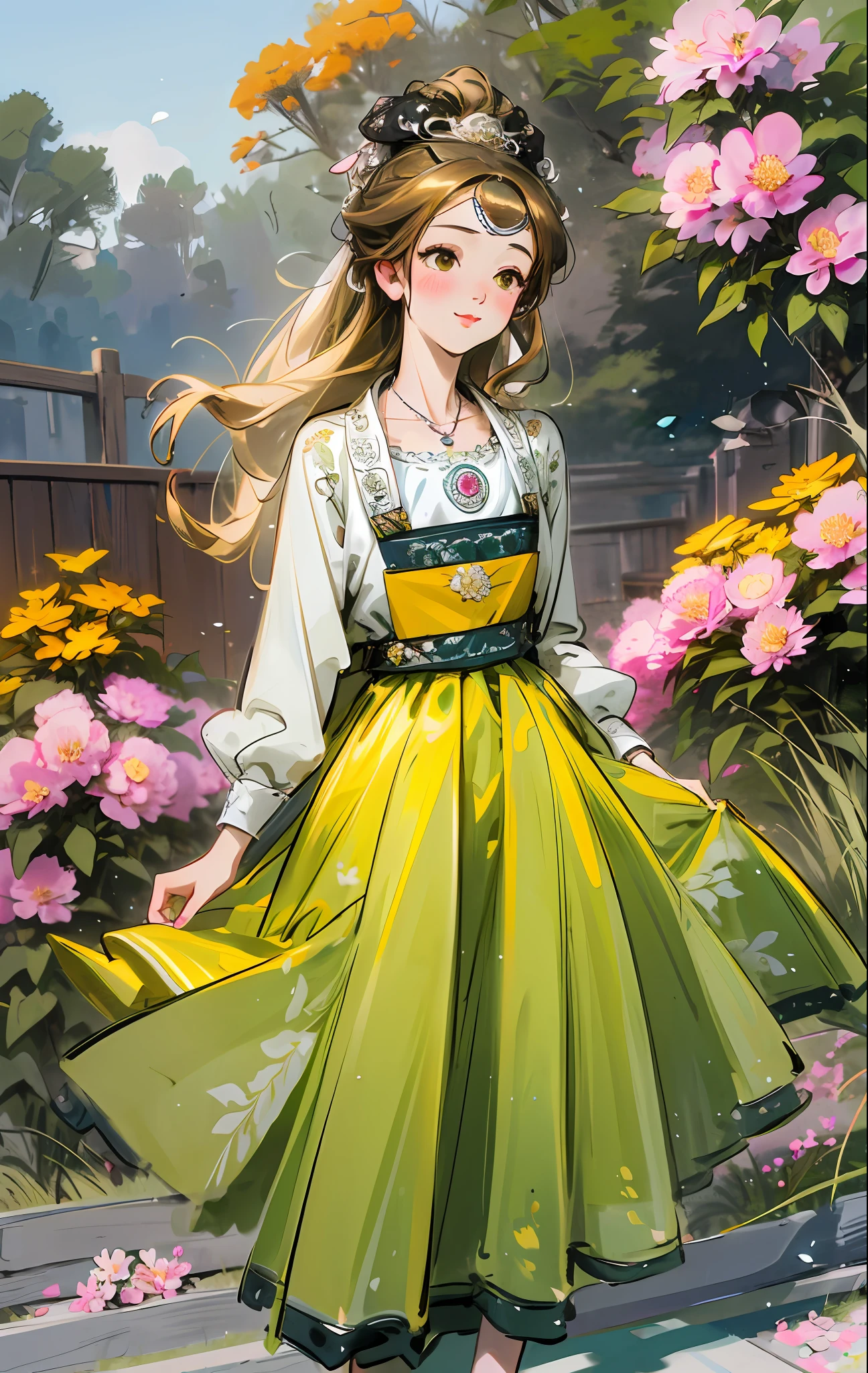 Best quality, masterpiece, high quality, 1 girl, blush, (seductive smile: 0.8), love pupils, white blouse, lace trim, bow on chest, long blue skirt, lace on skirt, with ornaments, pink headband, long ribbon, necklace, beautiful face, standing on the path, both sides full of flowers, yellow chrysanthemums, red flowers, green grass, spring, white clouds, full body, intense light and shadow, photographic effects, realistic, , edge lighting, two-tone lighting, (high detail skin: 1.2), 8K Ultra HD, DSLR, Soft Lighting, High Quality, Volumetric Lighting, Capture, Photo, High Resolution, 4K, 8K,