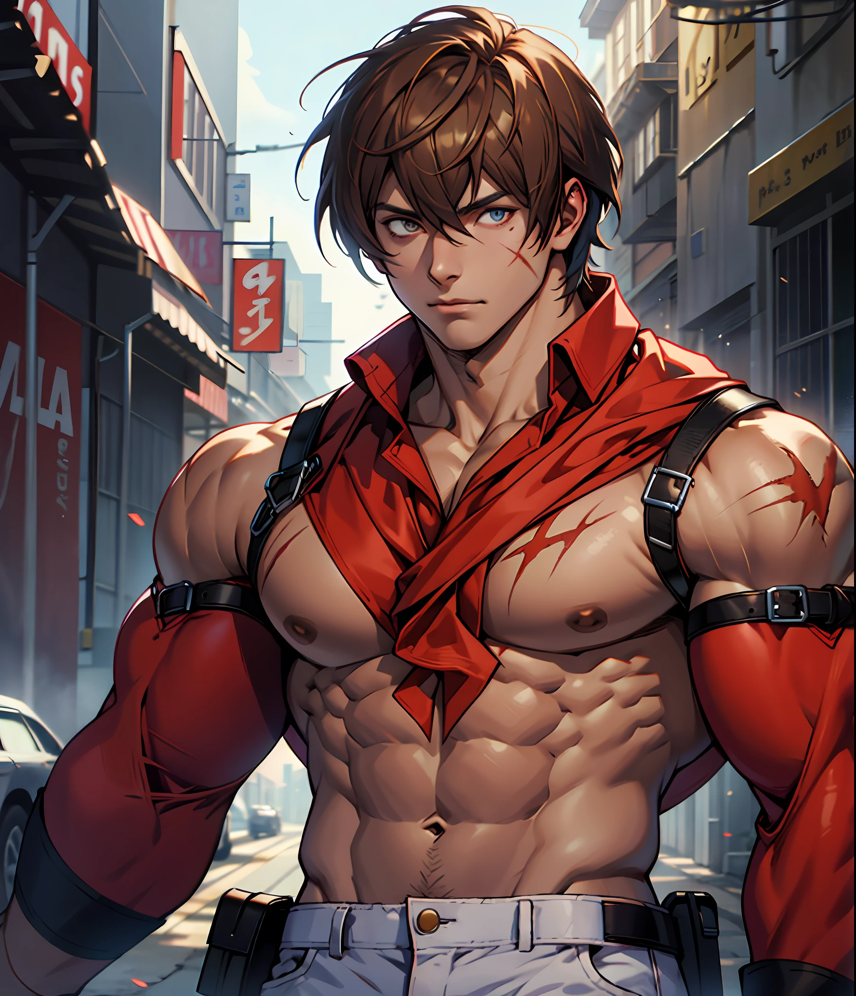 Dark boy，with short red hair，Determined eyes，Toned body type，cinmatic lighting, King of Fighters game characters，Yagami-an， man, Male_focal point, outdoors, symmetric body, Candid camera, Cinematic lighting, The upper body is undressed，Toned muscle lines，body complet，High contrast, art stations, concept art of character, 8K, simplebackground, A scar on one eye，long white pants，