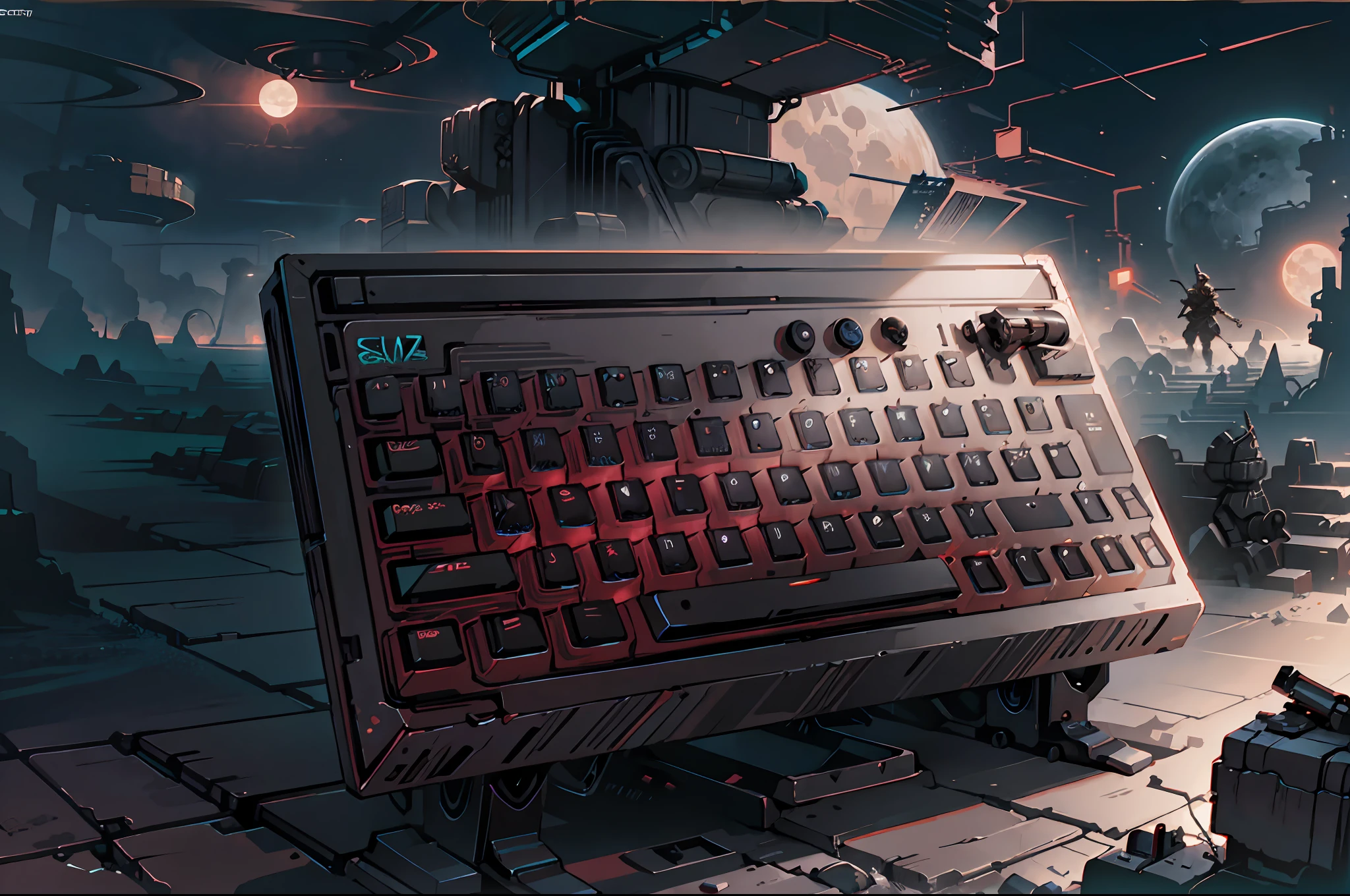 A black game sci-fi style keyboard,Futuristic dark landscape,Moons of Saturn,futuristic design,Epic matte painting,concept-art,Ashley wood style --s