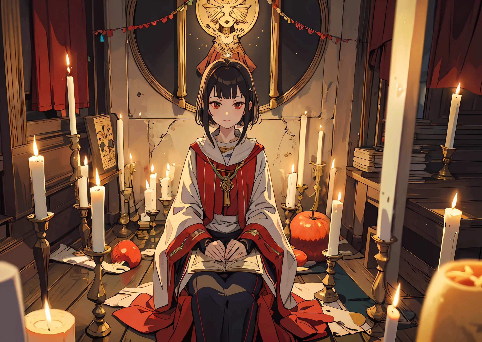 rituals,high priestess,Lit candles,the fruits