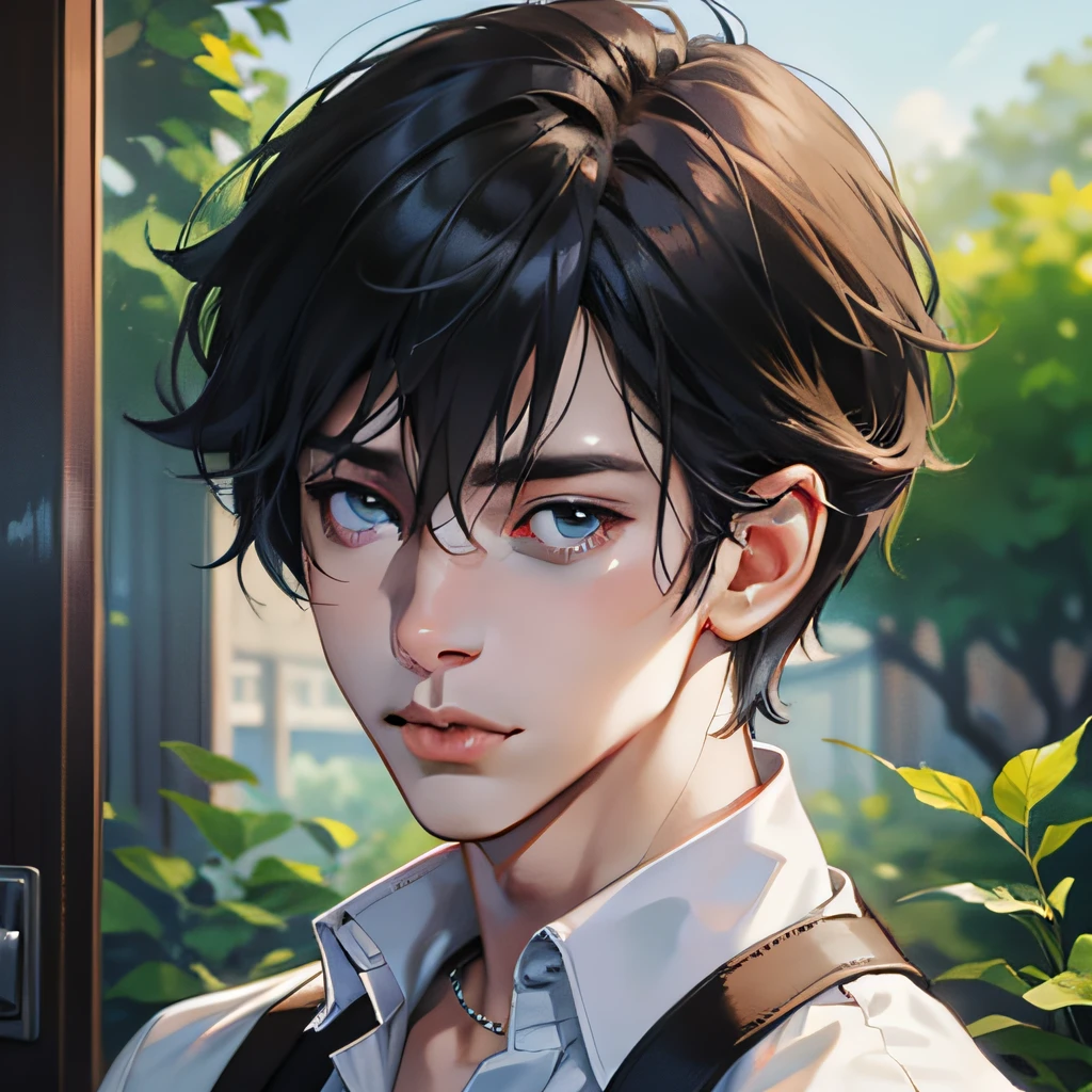 1boy, apple, bag, bangs, berry, black hair, black shirt, blue eyes, hair between eyes, jewelry, leaf, looking at viewer, male focus, necklace, pants, shirt, solo, watch, white pants, wristwatch, messy hair, trending on artstation, 8k resolution, highly detailed, anatomically correct, sharp image, digital painting, concept art, trending on pixiv, style of makoto shinkai,