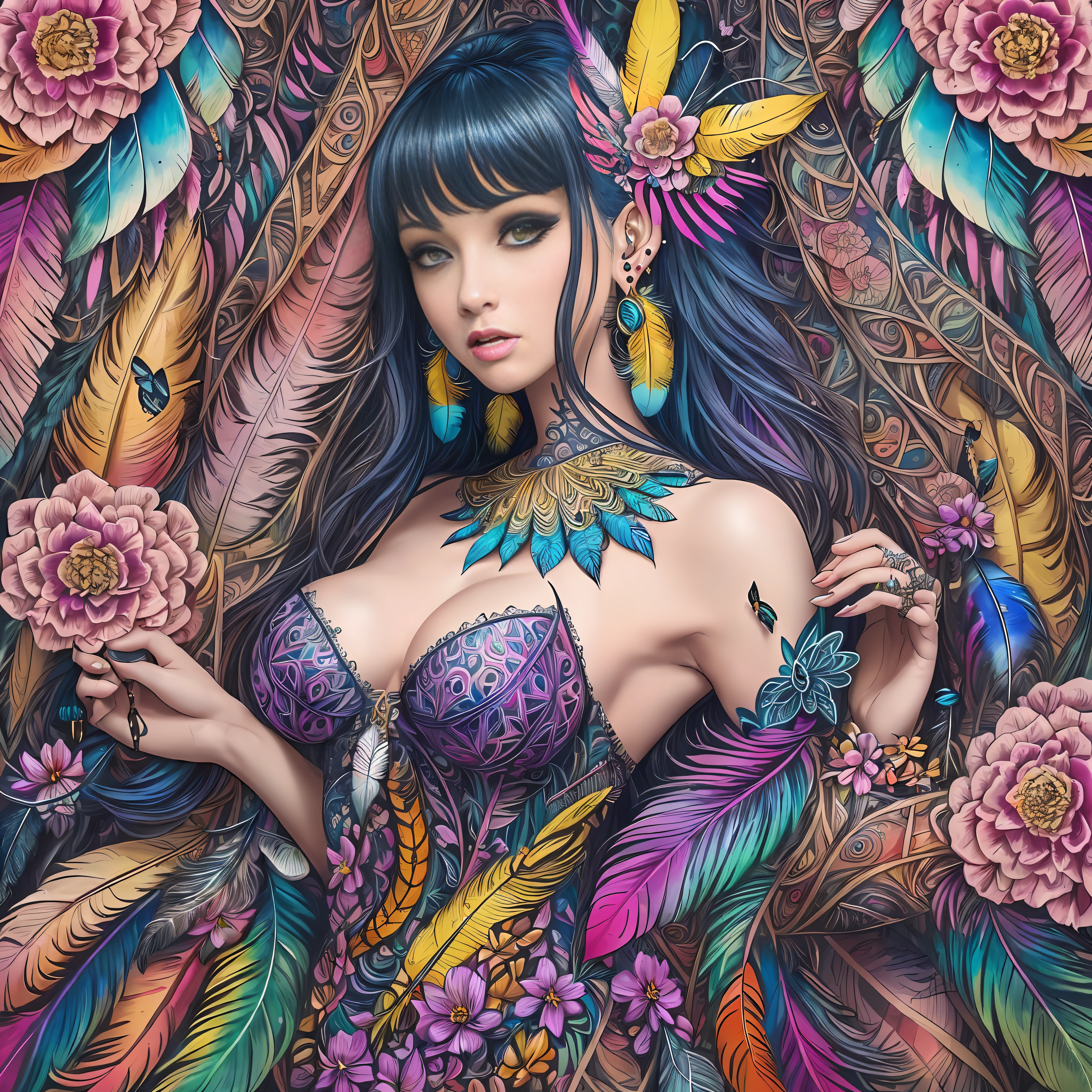(masterpiece, top quality, best quality, official art, beautiful and aesthetic:1.2), (1girl:1.3), extremely detailed,(fractal art:1.1),(colorful:1.1)(flowers:1.3),highest detailed,(zentangle:1.2), (dynamic pose), (abstract background:1.3), (shiny skin), (many colors:1.4), ,(earrings:1.4),  (feathers:1.4),(butterfly:1.1),(insects:1.1),NSFW