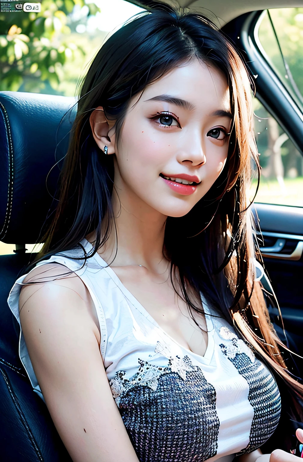 best of quality、巨作、photoRealstic、intricate-detail、Raw foto、Photon Rendering、Octane Rendering、absurderes、ultra hyper-detailed、detailed faces、Detailed skin、trend on artstation、in 8K、巨作、lighting like a movie、( (1girl in))、((独奏) ))、((Behold))、CG Social Trends、Plastic En、((Black Long Hair))、((a  beautiful female))、(a smile)、Dark blue clothes、(White Skin Skin)、Fashionable、A sexy、hair flowing in wind、((Flowing hair))、Happy、fashion magazine、((lighting like a movie))、inside of a car、body complet、Innocent eyes、blusher、Open lips、Upper teeth、(Smiling eyes:0.6)、 ((Grinning:1.2))、depth of ﬁeld,、tshirts、