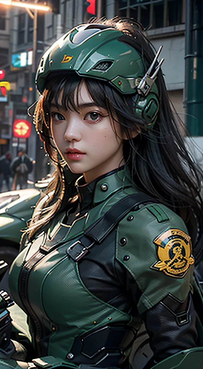 Highest image quality, outstanding details, ultra-high resolution, (realism: 1.4), the best illustration, favor details, highly condensed 1girl, with a delicate and beautiful face, dressed in a black and green mecha, wearing a mecha helmet, holding a directional controller, riding on a motorcycle, the background is a high-tech lighting scene of the future city.
