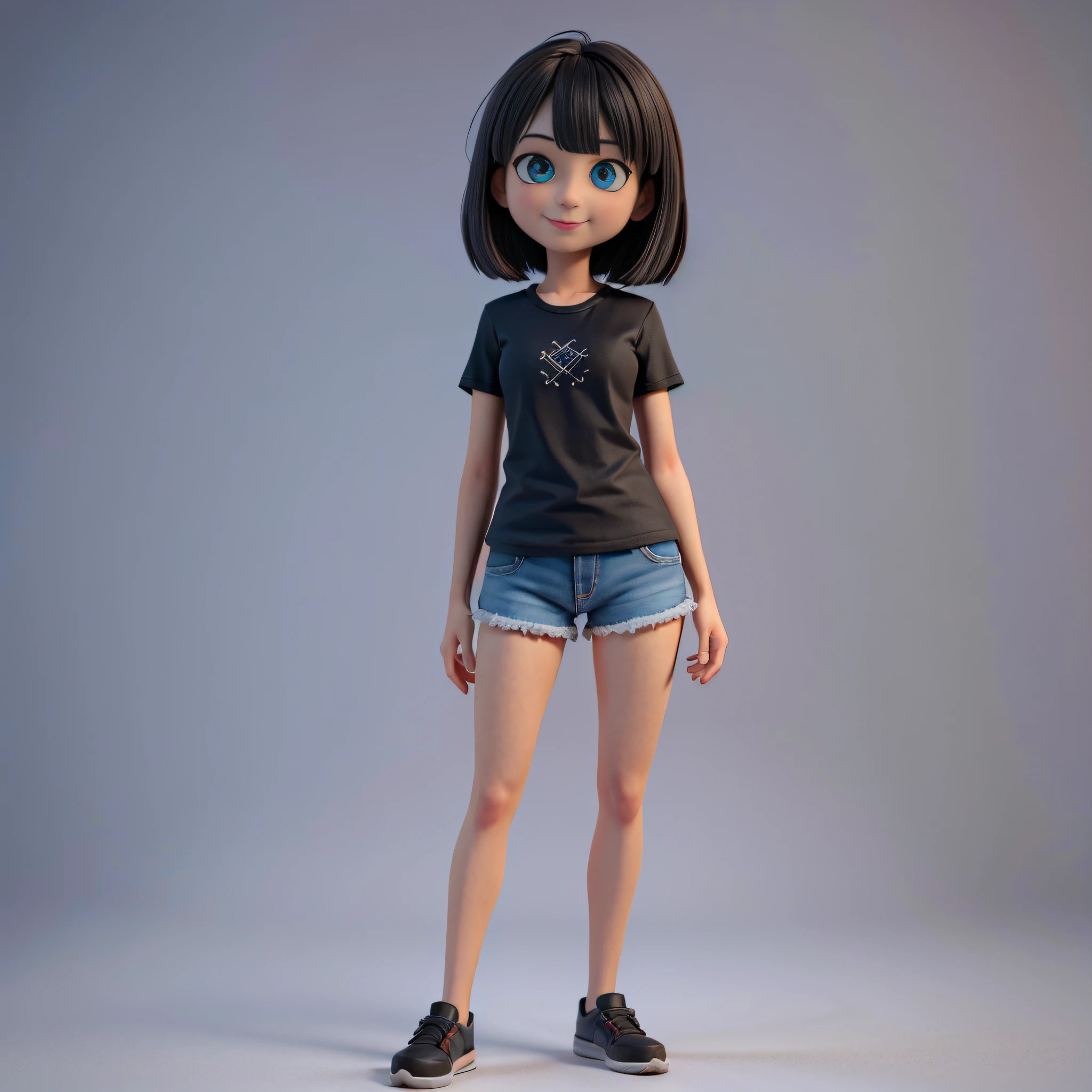 there is a woman with the same eye size standing and smiling with a black shirt and blue eyes gray background, realistic anime 3 d style, anime styled 3d, close up character, 🤤 girl portrait, small character. unreal engine 5, stylized anime, 8k portrait render, render of a cute 3d anime girl, 3 d render character art 8 k, highly detailed character, 3d character