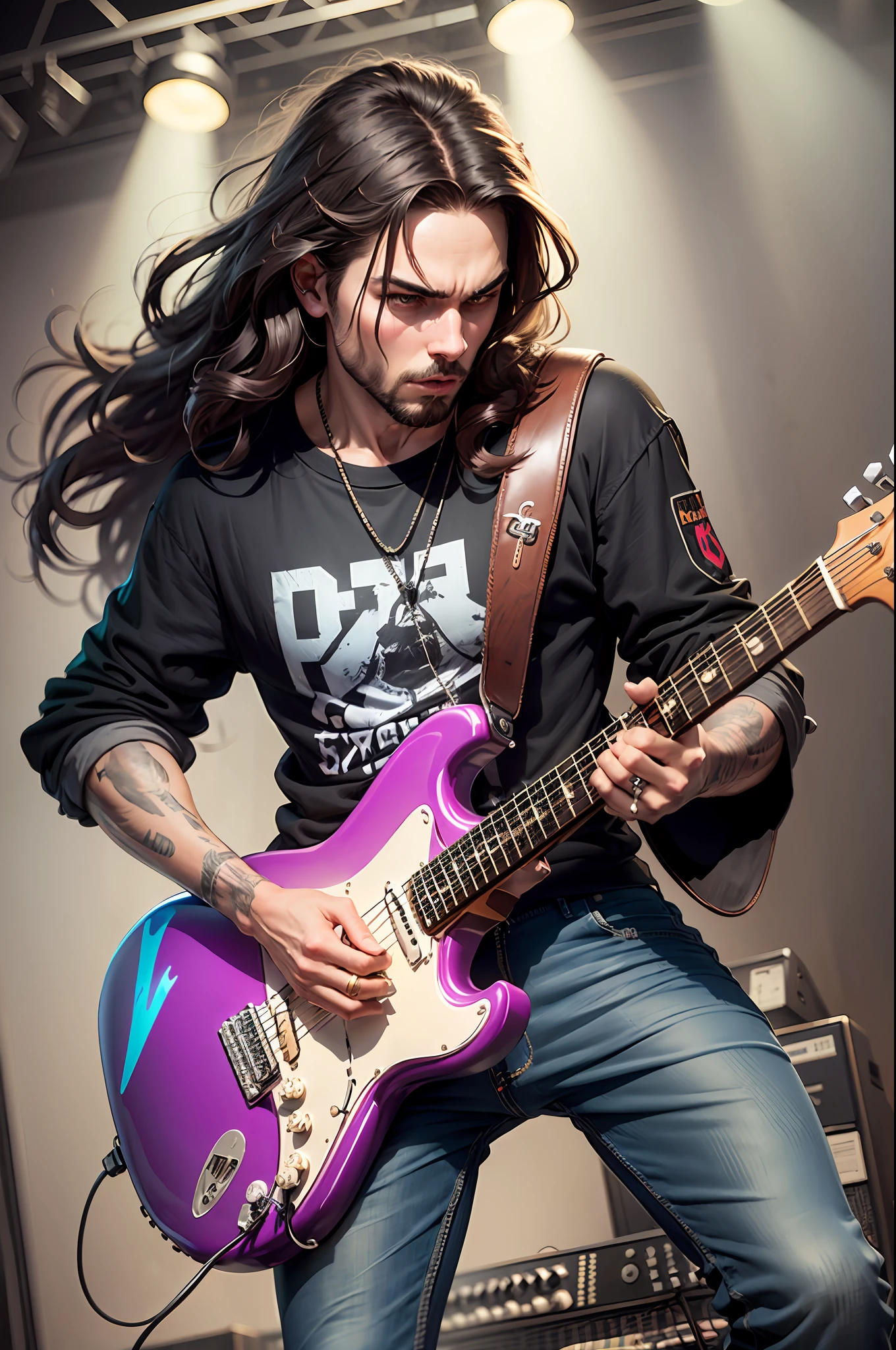 Cool rocker guy playing the electric guitar. He has long wavy dark brown hair, some strands of hair ended in burgundy, prussian blue or green. He wears a sleeves T-shirt and black jeans. Guitar Fender Stratocaster.  Fierce attitude, expresive,  he's plating a solo. Dark, illuminated by spotlight. Realistic raytracing. --auto --s2