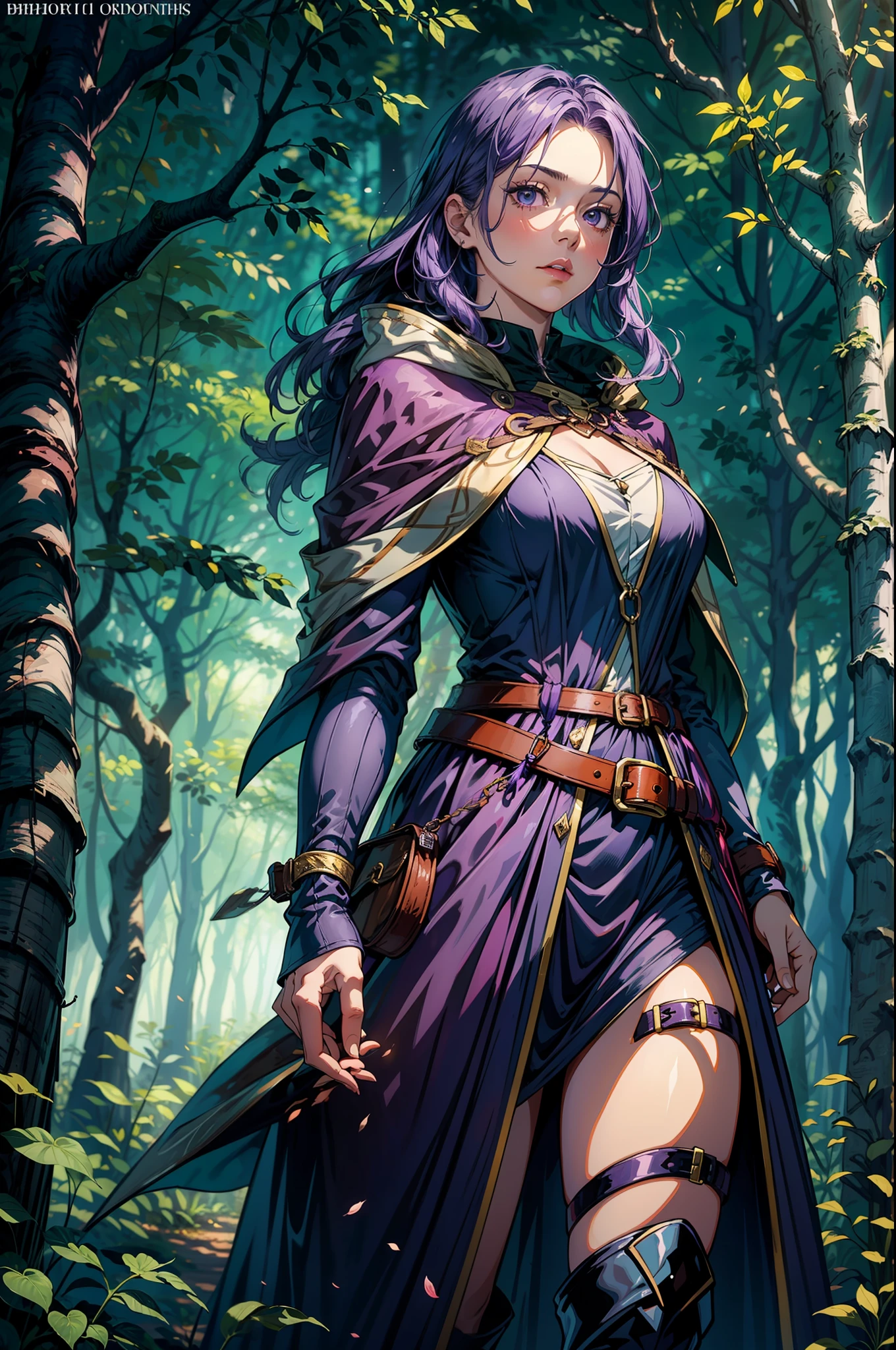 medieval mature archer woman, purple cloak, purple hair, potion bandolier, purple boots, shiny clothing, dark forest trail, trail lanterns, foggy forest, dark, high contrast, two tone lighting
