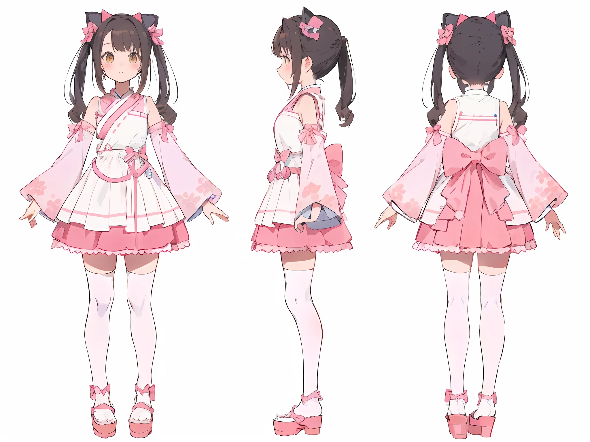 Cat ears,15-year-old girl，Blue Japanese clothes，clogs，coattails，Light brown hair，There is a bow on the back，Bright eyes， a beautifulchi girl, gleaming eye, perfect  eyes,