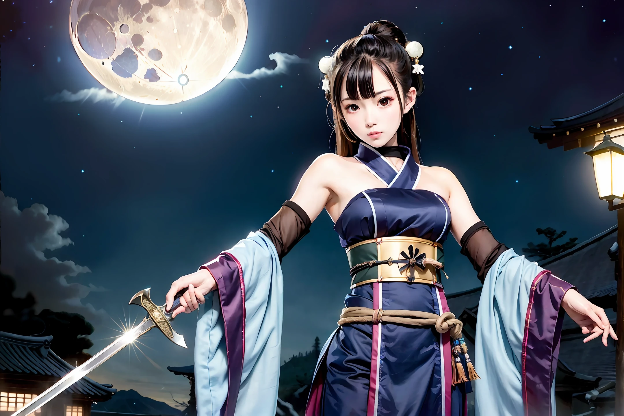 hightquality、Photoquality、in the edo era、Shinobi attire、infp young woman、Moonlit Night、Hold the sword、