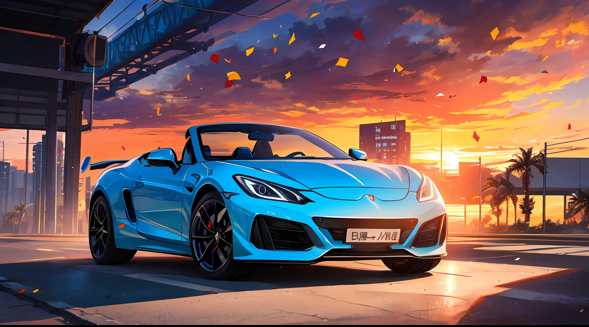 Beautiful cloudy sky, Sunset, A sports car,Miami city streets,neon signs, confetti fragments,exciting epic action camera, Professional grade oil painting(真实感:1.2)(Image size:16:9)(Best Quority)(cinematiclight) --auto