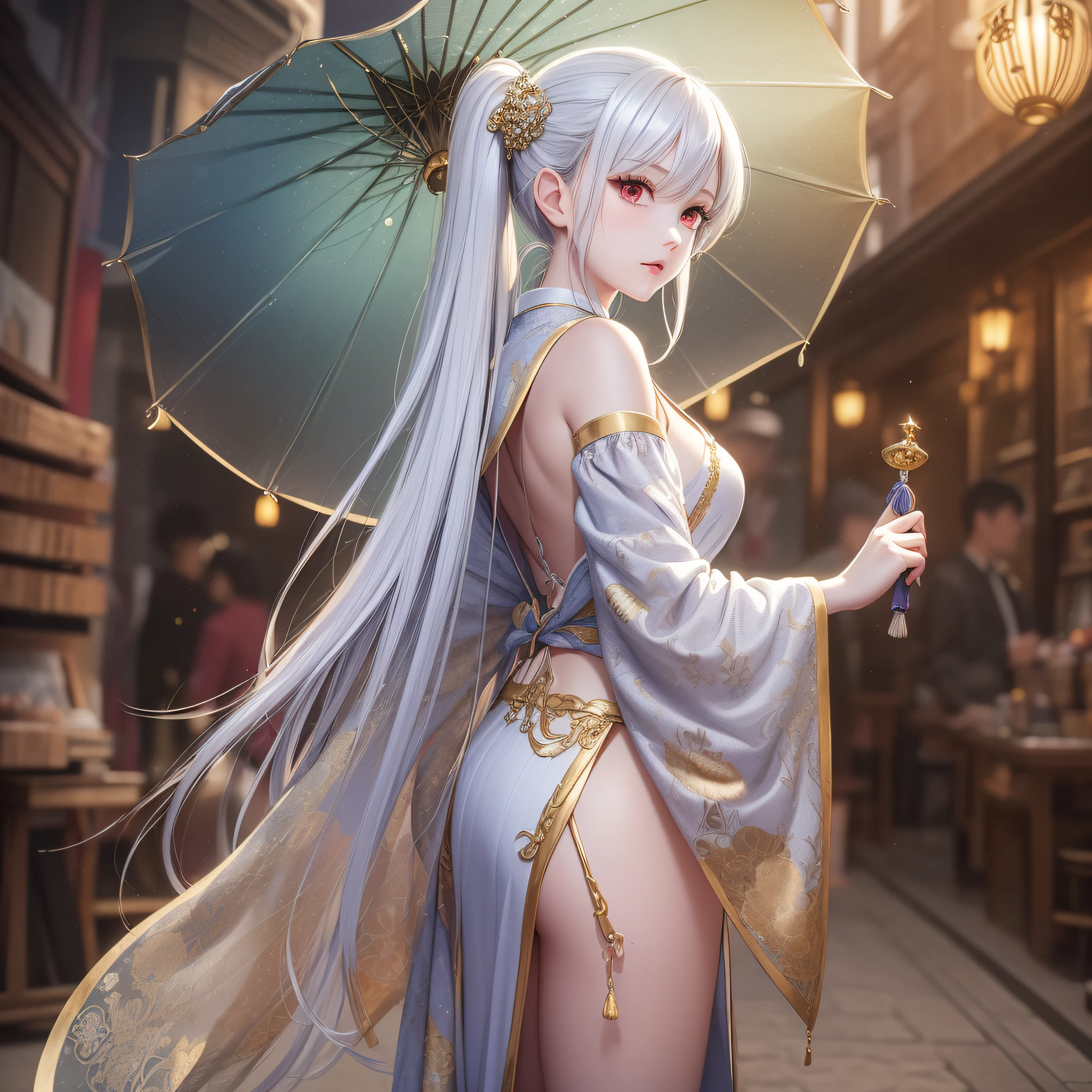 ((masterpiece)), ((best quality)), ((official art)), (extremely detailed CG unity 8k wallpaper), ((highly detailed)), ((illustration)),(from the Side below),full body,((an extremely delicate and beautiful girl with silver long hair and scrunchie)),looking to the side,(solo:1.4),(wearing light cyan hanfu with gold silk thread-like pattern ),puffy long cyan sleeves,(waist hangs a delicate round jade pendant and a white scabbard),holding oil-paper umbrella,dryzzle,(stand at the lively bazaar),, masterpiece, best quality,, masterpiece, best quality,(silver hair),(long hair),(red eyes),(long high ponytails),((1girl)),solo,