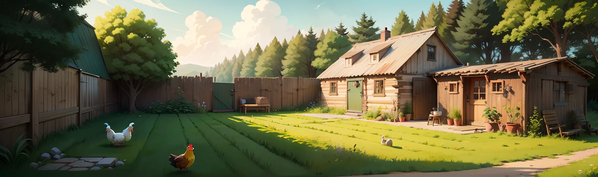 (Cartoon style illustration:1.2),(Cosy rustic courtyard:1.1),(Adorn cute local chickens:0.9),(Fresh and delicious eggs:0.8)Green meadows and vast fields。 --auto