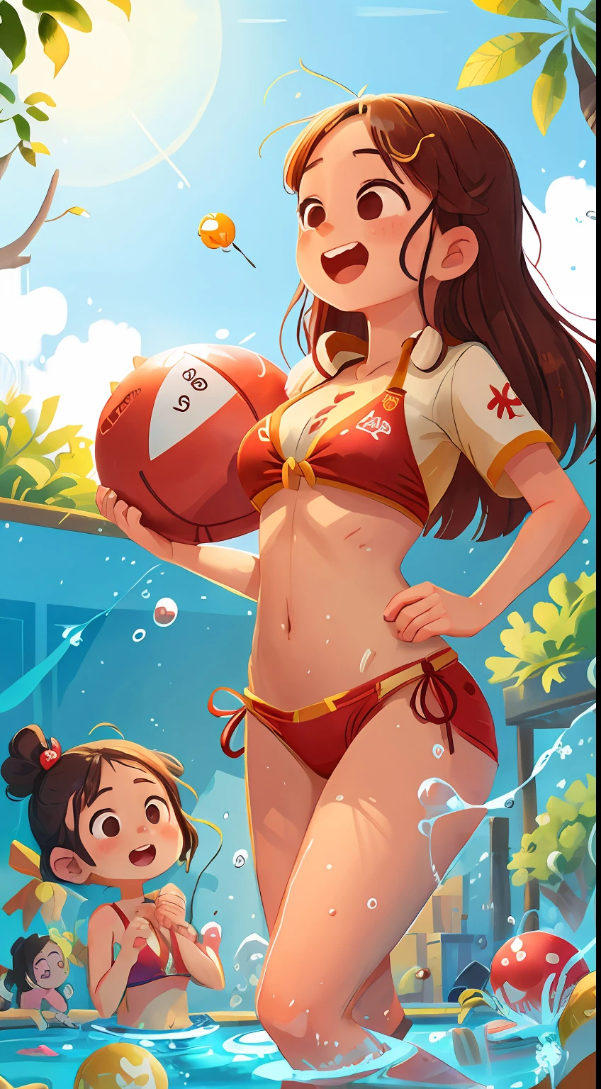 Sunny afternoon,In the pool,Two beautiful Chinese girls with slender bodies are frolicking。One of them wore a red bikini,One wears a blue bikini,All set off their fair and slender bodies。The two girls first laughed in the pool and chased me,Play water polo,Clear water splashes。Red bikini girl with cute wheat spike braid,She moves around the water flexibly and gracefully、Try a variety of postures。The blue bikini girl has beautiful long hair,She bounced nimbly into the water by the pool,Splash after splash。
