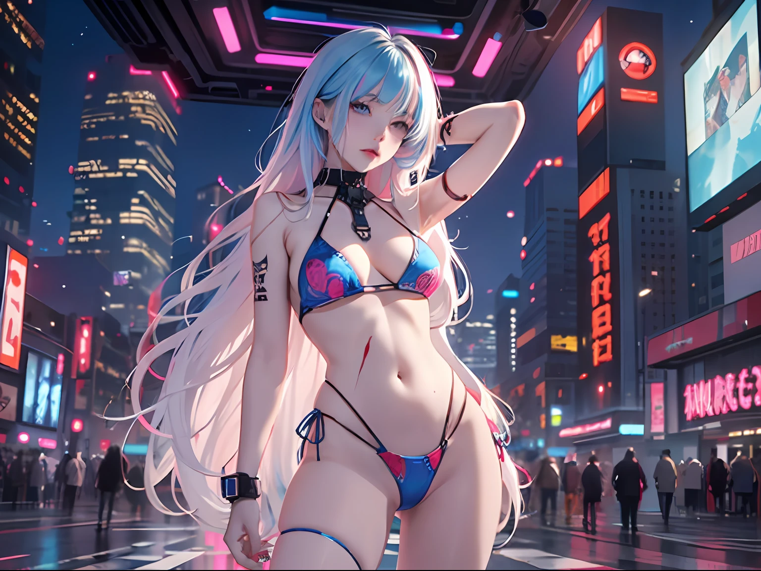 masterpiece, best quality, girls, slender, blue eyes, hair color, iridescent, long hair spreading, white skin, blood vessels on arms and chest, medium breasts, cute, sexy, futuristic, cyberpunk, bikini, skin exposed, night, psychedelic, trip, super colored, paisley theme, open legs, full body